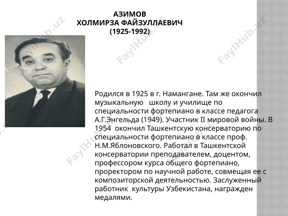 соав.т.джалилов. фантазия на темы из оперы «тахир и зухра» для скрипки с оркестром, сюиты на узбекские, туркменские, таджикские, киргизские темы (1955-1985). концерт для чанга (1953) и «балетные сцены» для они. театрально-сценические произведения: опера «тахир и зухра», соав. т.джалилов-1950. балеты: «семург» (х.алимджан), либр. е.барановского, «сестрица аленушка и братец иванушка», либр.а.узакова, «балет саҳналари»-1970, хореографический этюд «чоргоҳ». муз. драмы: «нурхон» и «курбан умаров», соав. т.джалилов-1944-1945, «ғунчалар»-1949, «меҳмонхона бекаси»-1964, «правда, об его отце»-1951. музыка к кинофильмам: «танцы узбекистана», соав. т.садыков- 1950, «мишка на прогулке»-1970. image1.jpeg image2.jpg image3.jpeg image4.jpeg image5.jpeg
