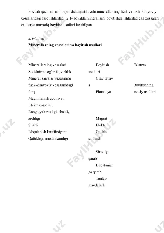 iqmahsulot deyiladi.boyitish fabrikasida foydali qazilma bir qator qayta ishlash jarayonlaridan o‘tib, ularning texnologik sikldagi vazifalariga qarab tayyorlash, boyitish va yordamchi jarayonlarga bo‘lish mumkin. tayyorlash jarayonlariga maydalash, yanchish, g‘alvirlash hamda klassifikatsiya jarayonlari kiradi va ularda mineral zarralarning yuzasi ochiladi, foydali qazilmani boyitish muvaffiqiyatli o‘tishi uchun lozim bo‘lgan kattalikdagi sinflarga ajratiladi. boyitish jarayonlariga foydali qazilmani boyitma va chiqindiga ajratishga imkon beruvchi minerallarni ajratish jarayonlari kiradi. yordamchi jarayonlarga boyitmani suvsizlantirish va chiqindilarni maydoniga to‘plash jarayonlari kirib, ularda boyitmaning namligi belgilangan chegaragacha kamaytiriladi, fabrika oqava suvlarini tabiiy suv havzalariga tashlashda yoki fabrikada qaytadan ishlatishdan oldin tozalanadi. boyitish fabrikasida foydali qazilma uchratiladigan operatsiyalarning ketma-ketligi boyitishning texnologik sxemalarini tashkil qiladi. odatda, sxemada dastlabki va boyitish mahsulotlarining sifati va miqdoriga doir ma’lumotlar, shuningdek, alohida operatsiyalardagi qayta ishlash tartibi keltiriladi. bunday sxemalar sifat-miqdor sxemalari deyiladi. alohida operatsiyalarga va mahsulotlarga qo‘shiladigan,va alohida operatsiya va mahsulotlardagi suvning miqdoriga doir ma’lumotlarni o‘z ichiga olgan sxema suvsarfi (shlam) sxemasi deyiladi. texnologik sxemadan …