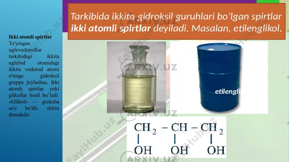 i spirt­larnikiga o'xshash bo'lib, faqat reaksiya ikki bosqichda ketadi. glikollar ishqoriy metallar bilan ikki xil glikolatlarni hosil qiladi. glikollarga galoid kislota ta'sir ettirilsa, gidroksil gruppa galogen atomiga almashinadi: glikollar mis (ii) gidroksid ta'sirida kompleks tuz hosil qiladi: bu reaksiya rangli bo'lgani uchun sifat analizda glikollarni aniqlashda qo'llaniladi. etilenglikol xalq xo'jaligining ko'pgina tarmoqlarida ishlatiladi. u suv bilan aralashtirilganda suvning muzlash temperaturasini pasaytirib yuboradi, shuning uchun «antifrizlar» tayyorlashda ishlatiladi. etilenglikol avtomobil sanoatida, shuningdek, motorlar va pulemyot stvolini sovitishda keng qo'llaniladi. undan to'qimachilik sanoatida sintetik tola (lavsan) olishda foydalaniladi. mavzu yuzasidan jadvallar namoyish qilinadi: image1.png image2.wmf oleobject1.bin image3.jpeg image4.png image5.png image6.emf image7.emf image8.png image9.png image10.png image11.png