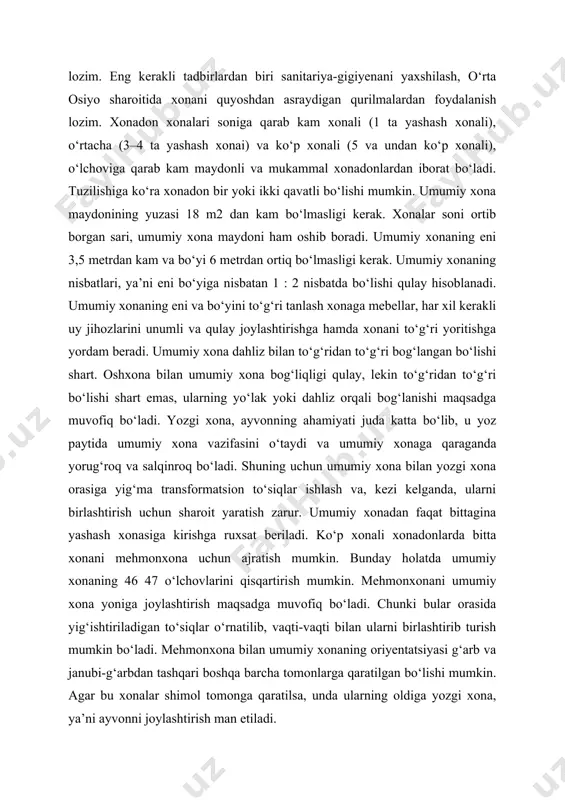 onalar nafaqat ovqat tayyorlash, balki yemakxona vazifasini bajarishi ham loyihalash amaliyotida oshxona-yemakxona atamasining kelib chiqishiga sabab bo‘lgan. stol va stullarni yoki xontaxtani joylashtinrish katta bo‘lmagan oshxona maydonini ke​ngaytirishga olib keldi. oshxona-yemakxonasi bor umumiy xonadan faqat dam olish va bayram kunlarida foydalaniladi. oshxonalar​​ni jihozlash uchun, avvalo, gaz yoki elektr asboblari, mahsulotlarni tayyorlaydigan stol, sovutkich, idish-tovoqlar uchun va quruq oziqovqatlar uchun shkaflar joylashtirilishi kerak. nazorat savollari: 1. xajmiy rejalash deganda nimani tushunasiz? 2. binoni iqtisodiy baxolash qanday amalga oshiriladi? 3. bino tarkibiy qismlarini aytib bering. uyga vazifa:jamoat binolari xaqida yangi malumotlar toppish. foydalanilgan adabiyotlar: 1. a. s. uralov t. f. kushmanov “binolar tipologiyasi” o’quv qo’llanma. 2. n.j. to‘ychiyev “bino va inshootlar konstruksiyasi”darslik. 3. “bino va inshootlar tipologiyasi” fanidan ma’ruzalar matni. 4. и.а.синянский н.и.манешина “типология зданий” учебник. internet saytlar: ziyonet.uz arxitektura.uz arxiv.uz binolar.uz -ilova o`quv mashg`ulotida o`quv ishlarni baholash mezoni va ko`rsatkichlari savollarga javob beradi va misol keltiradi 5 savollarga javob beradi misollar …