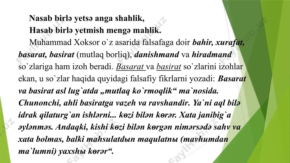 tiliga yaqinlashishiga olib keldi. adabiy merosi “husnu dil” dostoni, "qushlar munozarasi" manzumasi hamda 1500 misra sheʼr — 38 gʻazal, 14 muxammas, 1 qasida va musaddasdan iborat. lirikasi dunyoviy muhabbat mavzuida. unda shoir oʻz kechinmalari, zamon haqidagi fikr-mulohazalarini ifodalagan, vafo, sadoqat, goʻzallik va nafosatni kuylagan. "qushlar munozarasi"da 14 xil qushning oʻzaro bahsu munozaralari orqali oʻsha davrdagi ijtimoiy tuzumga xos illatlar, jaholat, mansabparastlik va boshqa illatlar majoziy shaklda tanqid qilingan, mehnat ahlining kamtarligi ulugʻlangan. "husnu dil" dostoni (1778-79) — shoir ijodining choʻqqisi. u sharq xalqlari orasida mashhur syujet asosida nazmda yaratilgan. doston 15584 misra, 62 bobdan iborat. anʼanaviy kirish (1-5-boblar)dan soʻng shoir oʻzi haqida, dostonning yozilish sabablari, soʻz va uning qudrati, xamsanavislar (nizomiy, xusrav dehlaviy, abdurahmon jomiy, alisher navoiy va boshqalar) haqida fikr yuritgan. asosiy qism 11-bobdan boshlanadi va asar xotima bilan yakunlanadi. yetakchi mavzui — sevgi. “husnu dil” asari 1903-yilda muhammad yusuf chokar tomonidan koʻchirilgan. doston buxoroda 1778-yil yozilgan. husn va …