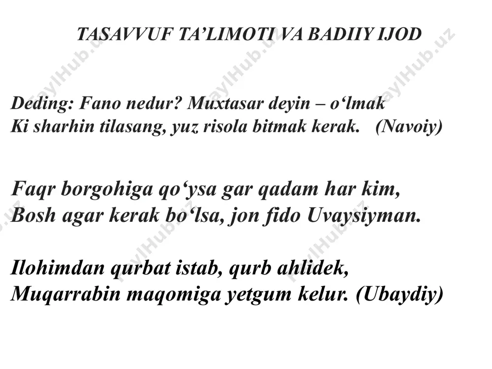 rshid kerak, ul murshidg'a e'tiqodlig' murid kerak, xizmat qilib pir rizosin topmoq kerak, mundoq oshiq haqdin ulush olur ermish. ўзбек мумтоз адабиётида ҳам маъшуқанинг бўй, соч, қош, кўз, оғиз каби гўзаллик унсурлари учун араб алифбосидаги айрим ҳарфлар ташбеҳ унсури сифатида ишлатилган. жумладан, “алиф” ёрнинг чиройли тик қоматига, “сод” ёрнинг кўзларига, “нун” қошларига ўхшатилган. навоий 26 шеърида «алиф» ҳарфини поэтик тимсол сифатида қўлланилган: дўстларим бир нозанин ишқи бу ҳол этмиш мени, зулфи савдоси алиф қаддимни дол этмиш мени. ушбу байтда “алиф” ва “дол” ҳарфлари поэтик образ яратиш учун қўлланилган. лирик қаҳрамоннинг руҳий ҳолатини ифодалаш воситаси бўлиб хизмат қилган. бу тани ҳоки била руҳи равонни на қилай, бўлмаса қошимда жонона, бу жонни на қилай? ёрсиз ҳам бодасиз маккага бормоқ не керак, иброҳимдан қолган ул эски дўконни на қилай! урайинму бошима саккиз биҳишту дўзахин, бўлмаса васли менга, икки жаҳонни на қилай! (boborahim mashrab) ҳуруфийлик тасаввуф тариқатларидан бири бўлиб, 1386 йилда фазлуллоҳ наимий асос …