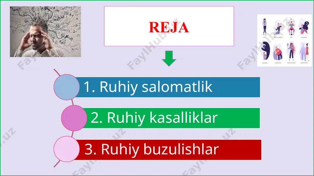 bosqichida, bolalik va o'smirlikdan voyaga yetgunga qadar muhimdir. hayotingiz davomida, agar siz ruhiy salomatlik bilan bog'liq muammolarga duch kelsangiz, fikrlash, kayfiyat va xatti-harakatlaringizga ta'sir qilishi mumkin. ruhiy salomatlik bilan bog'liq muammolar keng tarqalgan, ammo ularga qarshi yordamlar ham mavjud. ruhiy salomatlik muammosi bo'lgan odamlar yaxshilanishi mumkin va ko'pchilik butunlay tuzalib ketadi. erta ogohlantirish belgilari ko'p yoki juda oz ovqatlanish yoki uxlash odamlardan va odatiy harakatlardan uzoqlashish kam energiyaga ega yoki yo’qligi tushkunlik hissi yoki hech narsa muhim emaslik holati tushuntirilmagan og'riqlar o'zingizni nochor yoki umidsiz his qilish odatdagidan ko'ra chekish, ichish yoki giyohvand moddalarni iste'mol qilish g'ayrioddiy xijolat, g'azablangan, xafa, xavotir yoki qo'rquvni his qilish oila va do'stlar bilan baqirish yoki urishish o'zaro munosabatlardagi muammolarni keltirib chiqaradigan jiddiy kayfiyat o'zgarishini boshdan kechirish ovozlarni eshitish yoki haqiqat bo'lmagan narsalarga ishonish o'zingizga yoki boshqalarga zarar etkazish haqida o'ylash farzandlaringizga g'amxo'rlik qilish, ishga yoki maktabga borish kabi kundalik vazifalarni bajara olmaslik ijobiy ruhiy …