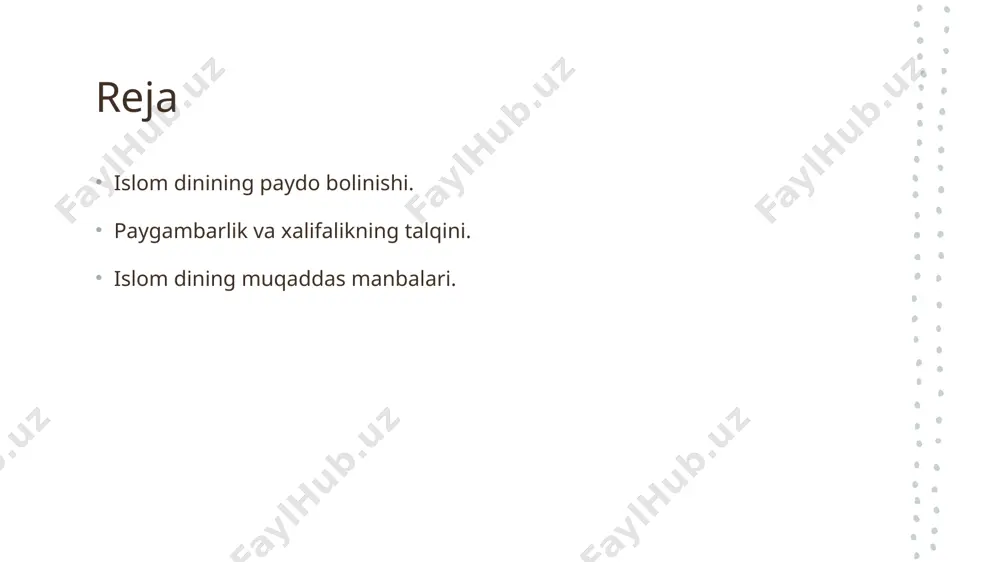 oli payg'ambarlar, islom dinida alloh tomonidan yuborilgan elchilar sifatida, insoniyatni to'g'ri yo'lga boshlash va axloqiy qadriyatlarni o'rgatishda muhim ahamiyatga ega. 02 nuhiylik tushunchasi islomda payg'ambarlar, nuhiylikning davomchilari sifatida, allohning xabarlarini tarqatish va ularni insoniyatga yetkazish vazifasini bajaradilar, bu esa dinning asosiy tamoyilidir. 03 payg'ambarlarning xususiyatlari payg'ambarlar, odatda, yuqori axloqiy fazilatlarga ega bo'lishi, insonlar orasida hurmatga sazovor bo'lishi va muayyan qobiliyatlar bilan ajralib turishi kerak, bu esa ularning xabarnomalariga ishonchni oshiradi. xalifalik: islom jamiyatida rahbarlik va boshqaruv tizimi. 1 xalifalik tizimi xalifalik, islom jamiyatida rahbarlik va boshqaruv tizimini ta'minlaydigan muhim tuzilma bo'lib, u payg'ambar muhammadning o'limidan so'ng vujudga keldi. 2 xalifalarning roli xalifalar, islom davlatining rahbarlari sifatida diniy va siyosiy masalalarda muhim rol o'ynagan, ular musulmonlar orasida birlik va adolatni ta'minlagan. 3 xalifalikning ta'siri xalifalik, islomning tarqalishi va madaniy rivojlanishiga katta ta'sir ko'rsatdi, shuningdek, turli xalqlar o'rtasidagi aloqalarni mustahkamladi. paygambarlik va xalifalik: tarixiy kontekst va madaniy ta'siri. payg'ambarlik mohiyati xalifalik tizimi …
