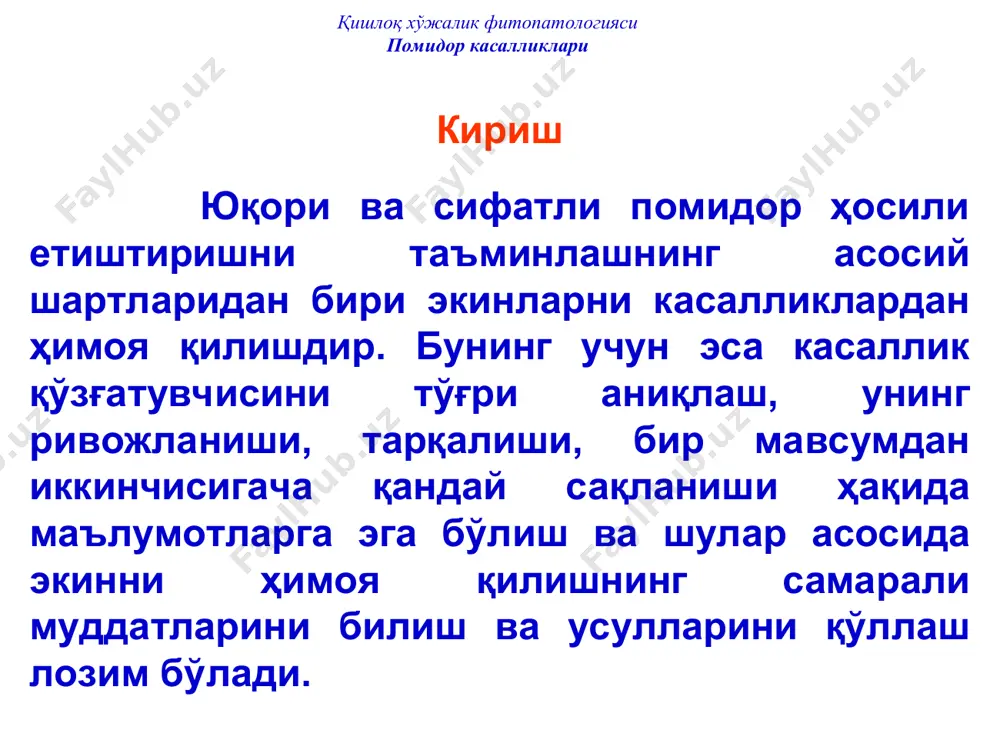 орлари билан боғлиқ ҳолда, зарарланган ниҳоллар сони ҳам шунча кўп ва зарарланиш даражаси шунча баланд бўлади. ҳарорат паст (4-10ос) ва намлик юқори бўлиши (ёмғир, шудринг), совуқ сув билан суғориш, кўчатлар зич жойланиши, кўчириб экиш ўз вақтидан кечиктирилиши, ниҳоллар орасида шамол яхши юрмаслиги, тупроқ устида қатқалоқ пайдо бўлиши ниҳол касалликларини кучайтиради. қишлоқ хўжалик фитопатологияси помидор касалликлари ниҳол касалликлари қўзғатувчи замбуруғлар тупроқда сақланади. иссиқхонада ҳар йили ўша тупроқни ишлатиш унда патоген замбуруғлар миқдори кўпайиб боришига ва касаллик ўчоқлари пайдо бўлишига олиб келади. rhizoctonia solani ўзбекистоннинг барча минтақаларида тарқалган ва бу замбуруғ ҳақида батафсил маълумотлар “картошка ниҳоллари ризоктониози” бўлимида баён этилган. замбуруғ помидорнинг илдиз бўғзида қуруқ, оч-қўнғир доғлар ривожланишига олиб келади; доғлар устида баъзан, лупа билан осон кўринадиган оч-қўнғир моғор пайдо бўлади. t. basicola ўзбекистоннинг жанубида (сурхондарё вилоятида) анча кенг тарқалган, бошқа минтақаларида кам учрайди. қишлоқ хўжалик фитопатологияси помидор касалликлари ниҳол касалликлари билан кураш чоралари уруғ экишдан олдин иссиқхоналардаги тупроқни дезинфекция қилиш ёки …