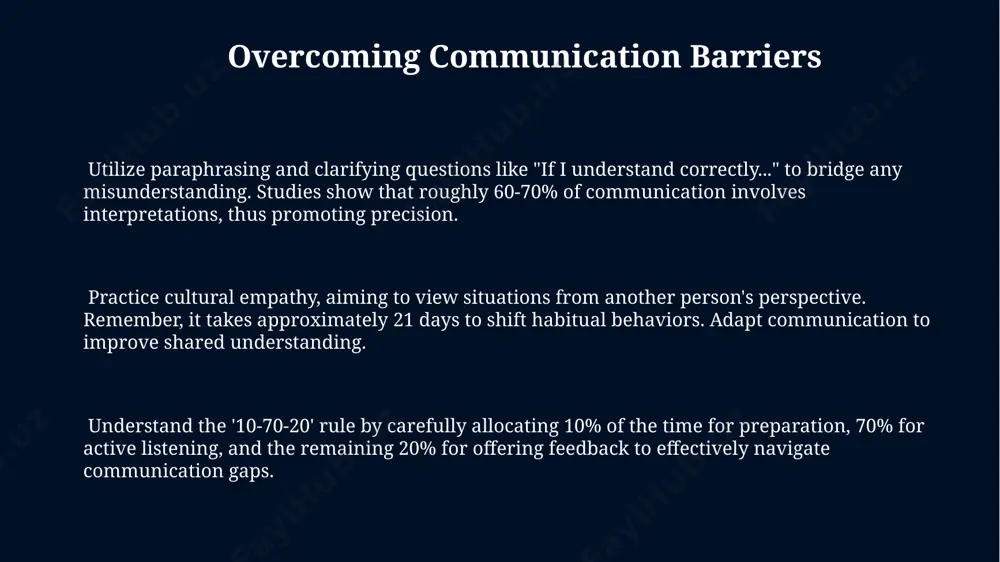 one, rather than words. it includes 6 primary emotions expressed universally through facial expressions. impact of cultural differences on communication communication differences across cultures can impact 70% to 90% of face-to-face interactions due to varying interpretations of nonverbal cues like eye contact and proxemics norms, leading to misunderstandings. high-context cultures, such as in japan, rely heavily on nonverbal cues—about 60% of communication—compared to low-context cultures where explicit verbal language carries approximately 90% of meaning. cultural differences in communication styles can cause efficiency drops of 20% to 40% in global teams, especially in areas requiring collaboration and understanding diverse perspectives on deadlines and directness. thank you for your attention @taqdimot_robot image1.jpg