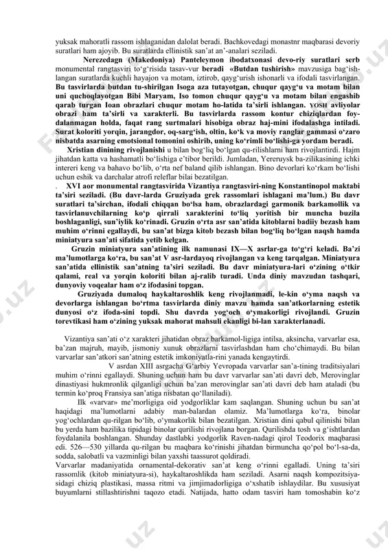 ^ vizantiya san’atida ideal obrazga bo‘lgan munosabat o‘z qiy-matini saqlab qoldi. inson qiyofasi xristian xudosi va avliyolar obrazida o‘z ifodasini topdi. vizantiyada ilohiy kuch iso obrazi mavhum shaxs emas, balki real inson qiyofasida tasavvur qilinadi. shuning uchun ham u antik dunyo bilan bog‘lanadi. le-kin vizantiyalik rassom uchun tashqi qiyofa emas, balki ichki his-tuyg‘u, ma’naviy-axloqiy mazmun yetakchi o‘rinni egallaydi. iso obrazida shu ichki mazmunni ochish uning asosiy maqsadini belgilaydi. . vizantiya san’atining o‘ziga xos tomonlari iv asrda uning maydoniga xristian dinining kirib kela boshlagan davridan shakllana bordi. bu xususiyat vizantiyaning dastlabki gullagan davri —vi—vii asrlarda yaqqol namoyon bo‘ldi. konstantino pol bu davrda katta vizantiya imperiyasining faqat siyosiy markazi emas, balki madaniy o‘chog‘iga ham anlandi. «ikkinchi rim» deb nom olgan bu shaharda monumental qurilish san’ati rivojlandi. bu yerda hashamatli monastir va ibodatxonalar ansamblini yaratish yetakchi o‘rinni egalladi. bu ansambl tip-lari rang-barang. ayniqsa, vizantiya uchun antik ijtimoiy ma’muriy binolarini qurish san’ati an’analari asosida …