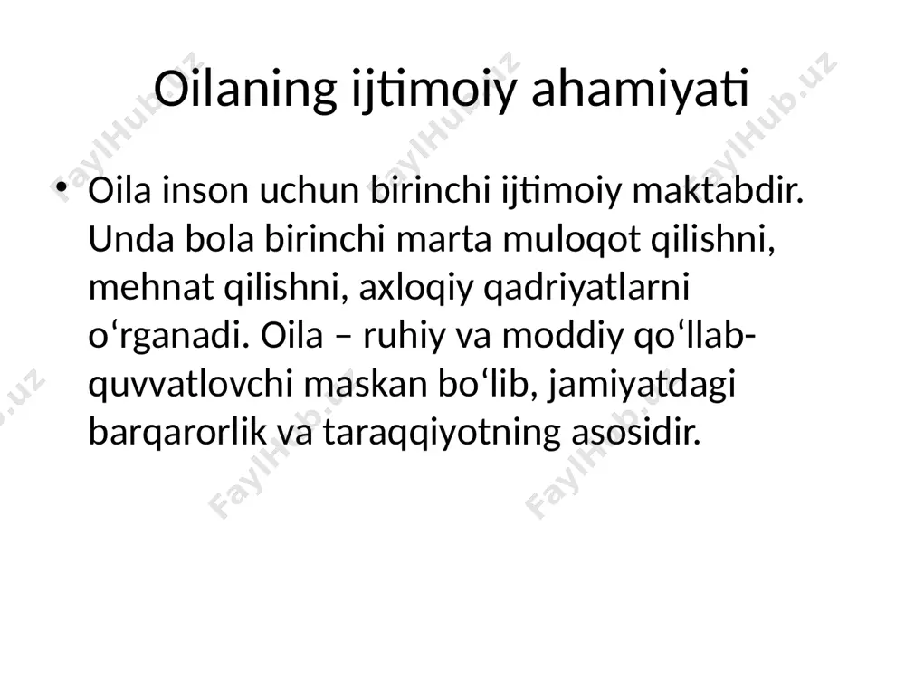 yingi hayot ajralishdan keyingi davrda shaxs o‘zini yangidan topishga, farzand bilan aloqa o‘rnatishga va yangi hayot boshlashga intiladi. bu davrda ijobiy yondashuv, psixologik yordam va yaqinlarning ko‘magiga ehtiyoj katta bo‘ladi. oldini olish yo‘llari (1-qism) o‘zaro muloqot madaniyatini rivojlantirish, bir-birini tinglash va tushunish, muammolarni birga hal qilish ajralishning oldini olishda muhim rol o‘ynaydi. nikohdan oldingi maslahatlar orqali yoshlar oilaviy hayotga puxta tayyorlanadi. oldini olish yo‘llari (2-qism) davlat va jamiyat tomonidan oilaviy maslahatchilar, psixologik xizmatlar va ota-onalar maktablari tashkil etilishi ajralish darajasini kamaytirishi mumkin. oilaviy qadriyatlarni mustahkamlash uchun ijtimoiy dasturlar muhim ahamiyatga ega. madaniyat va qadriyatlarning roli milliy va diniy qadriyatlar, odob-axloq me’yorlari oilani saqlashda muhim rol o‘ynaydi. hurmat, sabr, bag‘rikenglik, sadoqat – oilaning mustahkamligi uchun zarur bo‘lgan fazilatlardir. oav va ijtimoiy tarmoq ta’siri ba’zida ommaviy axborot vositalarida noto‘g‘ri oila modelining targ‘ib qilinishi, ijtimoiy tarmoqlarda noto‘g‘ri maslahatlar ajralishlarga sabab bo‘ladi. shuning uchun axborotdan ongli foydalanish muhim. yoshlar va nikohga tayyorgarlik yoshlar o‘zaro …