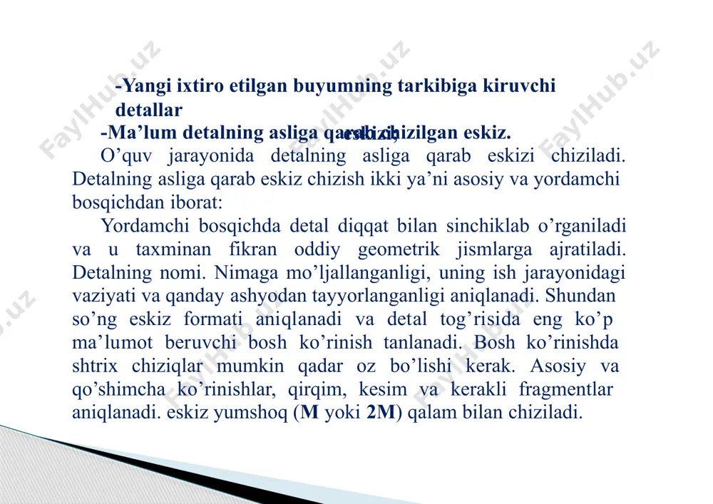 jchizmasi, texnikaviy talablar va hokazolar yoziladi; 2) komplekslar, yig’ish birliklari, detallar va komplektlar bo’limlarida buyumning nomi yoziladi; 3) standart buyumlar bo’limidastandartlar tomonidan buyumga berilgan nomerlar ko’rsatiladi; 4)ashyolar bo’limida standart tomonidan ashyoga berilgan belgilaryoziladi. 5.soni.bu grafada buyum tarkibiy qismlarining soni ko’rsatiladi. 6.eslatma.bu grafada buyumga tegishli qo’shimcha ma’lumotlarko’rsatiladi. standart buyumlar spetsifikatsiyasiga alfavit tartibda, tegishlistandartlarda berilgan nomlari va belgilari yozib qo’yiladi, masalan, boltm10x60, 58 gost 7798-96. spetsifikatsiya grafalarini to’ldirishda har bir bo’limdan keyin biryoki ikki qator bo’sh qoldiriladi. o’quv chizmalari uchunspetsifikatsiyani to’ldirish namunasi 8.2- shaklda ko’rsatilgan. yig’ish chizmasini bajarish mashinasozlik chizmachiligi kursini o’ qitish jarayonida yig’ish chizmalari buyumning asliga qarab bajariladi, bunday yig’ish chizmalari ikki bosqichda bajariladi: avval buyum tarkibiga kiruvchi detallarning eskizlari chiziladi (8.3-8.5- shakllar). so’ngra eskizlarga asosan yig’ish chizmasi bajariladi (8.7–8.11-shakllar). yig’ish chizmasini bajarish ketma-ketligi blok-sxema ko’rinishida 8.6-shaklda keltirilgan: adabiyotlar: 1.1.qirg’izboyev y. va b. mashinasozlikchizmachiligi kursi "o’qituvchi” t., 1974. 2.2.mogilniy i.m., texnika chizmachiligi. "o’qituvchi", t.,1965. 3.borisov d.m. va b. chercheniye. «prosveshenie». …