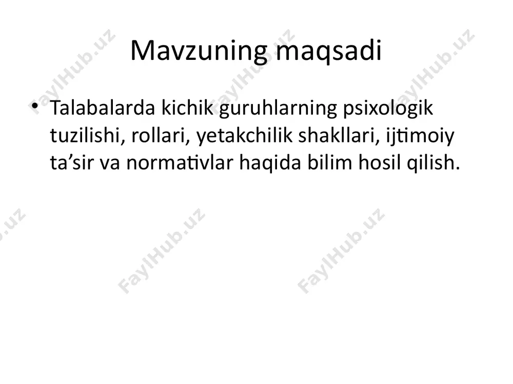 blaydigan, unga taqlid qiladigan va qadriyatlarini qabul qiladigan guruh. glossariy 1. lider – guruhni boshqaruvchi shaxs 2. kohiziya – ichki jipslik 3. konformizm – moslashuv 4. status – mavqe 5. norma – xulq qoidalari 6. dinamika – guruhdagi o‘zgarishlar test savollaridan namunalar 1. kichik guruh nechta a’zodan iborat bo‘ladi? a) 2-20 2. kohiziya bu – b) guruhdagi ichki jipslik 3. norasmiy guruh qanday yuzaga keladi? c) tabiiy do‘stlik asosida /docprops/thumbnail.jpeg
