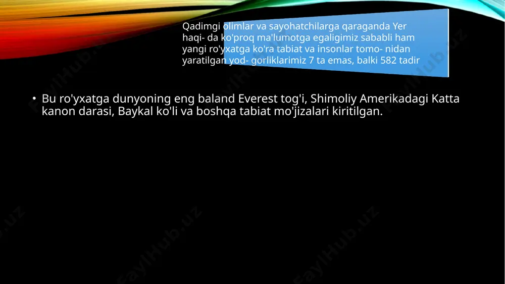 ib taxtali chang'ilar yordamida vodiy bo'ylab sayo- hat uyushtiradilar. ko'pgina gey- zerlar, fumarollar, termal va mi- nerallar koni, sharsharalar bilan o'ralgan termal ko'llar yerning po'sti qanchalik nozik ekanligini yaqqol ko'rsatib turibdi. o'zbekistonda sakkizta davlat qo'riqxonasi va ikkita milliy bog' bor. tabiati g'oyatda turli-tuman. bu yerda siz serqoya tog'lar-u jazirama cho'llar, sersuv daryolar-u qurg'oqchil dasht-larga duch kelasiz. dastlabki qo'riqxonalardan biri - zomin qo'riqxonasi 1926-yilda tashkil etilgan. qo'riqxonaning diqqatga sazovor joy- lariga chortangi darasi, qirqqiz qoyasi, g'aroyib shakldagi da- raxtzorlar kiradi. xo'jalik uchun foydala- nish mo'ljallangan ma'- lum hududlarni yopish qadimgi davrlardanoq boshlangan. tabiat kuch- lariga bo'ysungan inson- lar xudolarning va av- lodlarning ruhlari bo'lishi mumkin bo'lgan ba'zi joylarga tabu (taqiq)- lar qo'yishgan. zomin qo'riqxonasi image2.png image3.jpeg image4.jpeg image5.jpeg image6.jpeg image7.jpeg image1.png /docprops/thumbnail.jpeg