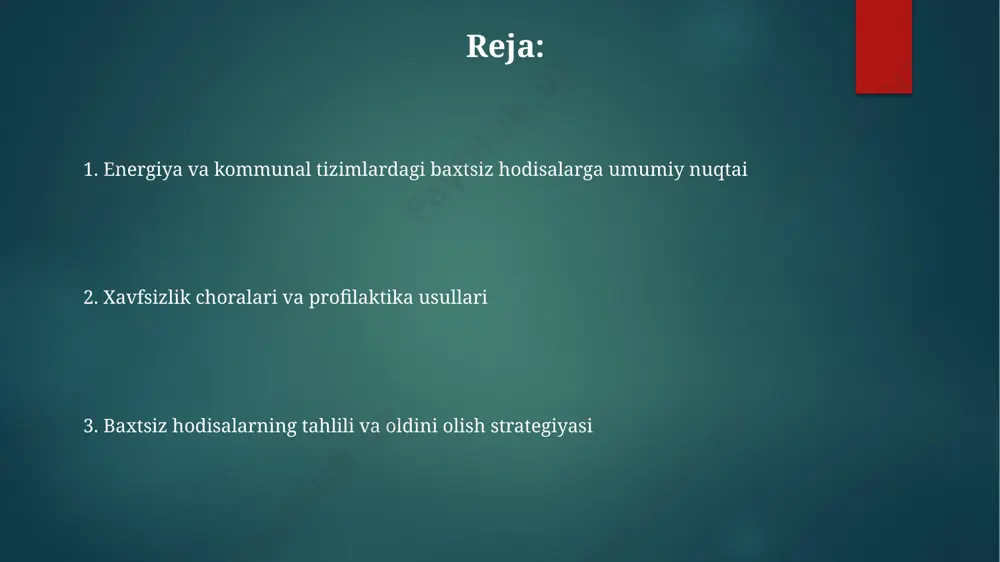 ariga olib kelishi mumkin. yangi qurilgan geslarning 15% da texnik xatoliklar va loyihalashdagi kamchiliklar kuzatilgan boʻlib, bu esa favqulodda vaziyatlar va inson halokatiga olib kelishi mumkin. baxtsiz hodisalarni tasniflash va statistikasi gaz ta'minoti tizimidagi portlashlar va yong'inlar soni o'tgan 5 yil ichida 15% ga kamaygan bo'lsa-da, ularning oqibatlari jiddiy bo'lib, o'lim holatlari soni 2 ga oshgan. elektr ta'minoti tizimlarida yuz bergan baxtsiz hodisalarning 35% inson omili bilan, qolgan 65% esa texnik nosozliklar bilan bog'liq ekanligi aniqlangan. energetika va kommunal tizimlaridagi baxtsiz hodisalarni og'irlik darajasi bo'yicha (engil, o'rtacha, og'ir) tasniflash statistikasi shuni ko'rsatadiki, 2022 yilda ro'y bergan hodisalarning 70% engil toifaga kirgan. energiya samaradorligi va xavfsizlik энергия самарадорлигини ошириш билан ишчиларнинг жароҳатланиш хавфи 20% га камаяди, бу эса йиллик ишлаб чиқариш харажатларини 15% га тежайди. йиллик техник кўриклар сонини 2 баробар ошириш орқали ускуналарнинг ишдан чиқиши ва авариялар сонини 35% га камайтириш мумкин. электр тармоқларидаги аварияларнинг 70% дан ортиғи инсон хатоси …