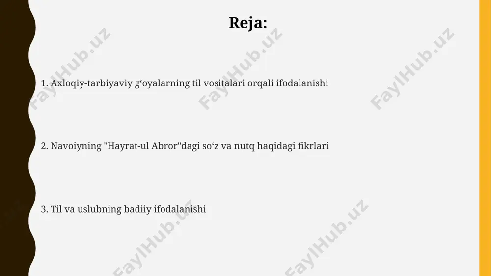 an qo'llaniladigan 5 turdagi zo'ravonliklarini til orqali ifodalaydi va bu orqali o'z davrining ijtimoiy muammolarini herat shahri misolida ko'rsatadi. noto'g'ri so'z va uning oqibatlari noto'g'ri so'zning ijtimoiy va ma'naviy oqibatlari, ya'ni 5 ta asosiy gunohdan biri bo'lgan g'iybatning xavfi, navoiy tomonidan qat'iy qoralanadi. samarqand va buxoro kabi shaharlardagi odamlarning noto'g'ri so'zlar tufayli qanday qiyinchiliklarga duch kelganligi, kitobda 12 ta misol bilan batafsil bayon qilinadi. navoiy "hayrat-ul abror"da 70 dan ortiq hikoya orqali noto'g'ri so'zning 3 ta dunyoda – yer, osmon va jahannamda – qanday dahshatli oqibatlarga olib kelishini tasvirlaydi. navoiyning "hayrat ul-abror"dagi so'z va nutq haqidagi umumiy qarashlari navoiy "hayrat ul-abror"da 150 dan ortiq hikoya orqali so'zning kuchini, uning ta'sirini 4 qit'a, 2 mamlakatning madaniy an'analariga asoslanib tasvirlaydi. asarning 3 qismida taqvodorlik va gunohkorlik masalalarida nutqning ahamiyati, 10 ga yaqin hikoyada xuroson, movarounnahr voqealari misolida tahlil qilinadi. "hayrat ul-abror"da so'zning ikki tomonlama – xayr va shar xususiyatlari 7 bobda, samarqand …