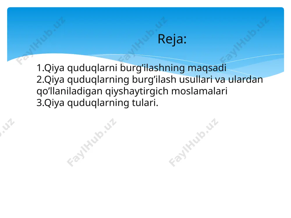 sh usullari va ularda qo‘llaniladigan qiyshaytirgich moslamalar qiya quduqlarni burg‘ilashning ikki usuli mavjud: 1) rotorli – quduqlarning qiyshayish jarayoni uzlukli holatda sodir bo‘ladi; 2) turbinali – quduqlarning qiyshayish jarayoni uzluksiz ravishda amalga oshiriladi. burg‘ilash usullarining qanday bo‘lishidan qat’iy nazar (rotorli va quduq tubi dvigateli) qiya quduq burg‘ilashning texnologiyasi quduqni qiyshayishiga ta’sir qiluvchi geologik sharoitlardan hamda maxsus qiyshaytirgich moslamalardan foydalanishga asoslangan. . turbinali usullar bilan quduqlar burg‘ilashda qo‘llaniladigan qiyshaytirgich moslamalar. turboburli burg‘ilashda ham quduq tanasining vertikalga nisbatan qiyshayishi har xil konstruksiyadagi qiyshaytirgichlar yordamida amalga oshiriladi. odatda qo‘llaniladigan jamlamalarning turlaridan qat’iy nazar qiyshaytiruvchi moslamaning egilgan joyida elastik kuch sodir bo‘ladi. quduq qiyshayishining sur’ati qiyshaytiruvchi moslamaning konstruksiyasiga, uning o‘rnatilgan joyiga, tog‘ jinslarining fizik-mexanik xossalariga va ularning yotish sharoitlariga, burg’u, turbobur turlari bilan bog‘liq bo‘lgan burg‘ilash rejimiga va elastik kuchlarning miqdoriga bog‘liq bo‘ladi. quduqning qiyshayishi sur’ati uning zenit burchagiga ham bog‘liq. chunki, elastik kuch qancha kichik bo‘lsa quduqning qiyshayish burchagi vertikalga nisbatan shuncha katta …