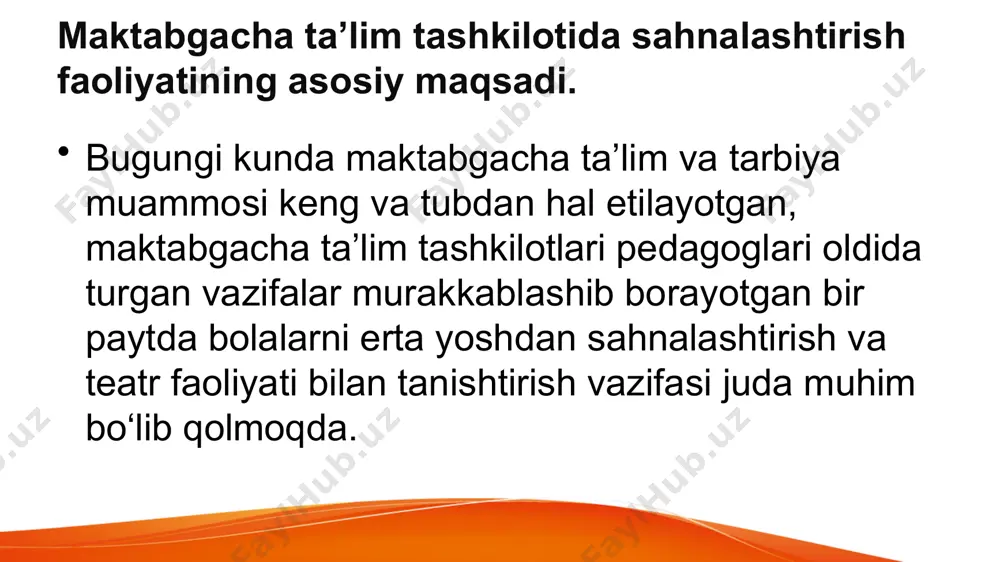nitiv qiziqishni faollashtiradi, eng muhimi, uning ijodiy imkoniyatlarini ozod qiladi va bolaning jamoada psixologik moslashuviga yordam beradi. sahnalashtirilgan tomoshada ishtirok etib, bolalar tashqi dunyo va uning xilma-xilligi bilan obrazlar, ranglar, tovushlar orqali tanishadilar, mohirona qo‘yilgan savollar ularni o‘ylashga, tahlil qilishga, xulosalar chiqarishga va umumlashtirishga majbur qiladi. bolalar bog‘chasida teatr faoliyati bo‘yicha mashg‘ulotlar mazmuniga e’tibor qaratish maqsadga muvofiqdir. bularga quyidagilar kiradi: qo‘g‘irchoq teatrlarini tomosha qilish va ular haqida suhbatlashish; - dramatizatsiya o‘yinlari; - turli ertaklarni sahnalashtirishga tayyorlash va ijro etish; - ijroning ifodaligini rivojlantirish uchun mashqlar; - badiiy asarlar taxlili bo‘yicha alohida mashqlar; - bolalarning ijtimoiy va hissiy rivojlanishi uchun mashqlar. teatr sahnalashtirish faoliyatining shakllari etiboringiz uchun raxmat. image1.jpeg image3.png image4.png image5.png image6.png image7.png image8.png image9.png image10.png image11.png image12.png image2.jpeg /docprops/thumbnail.jpeg