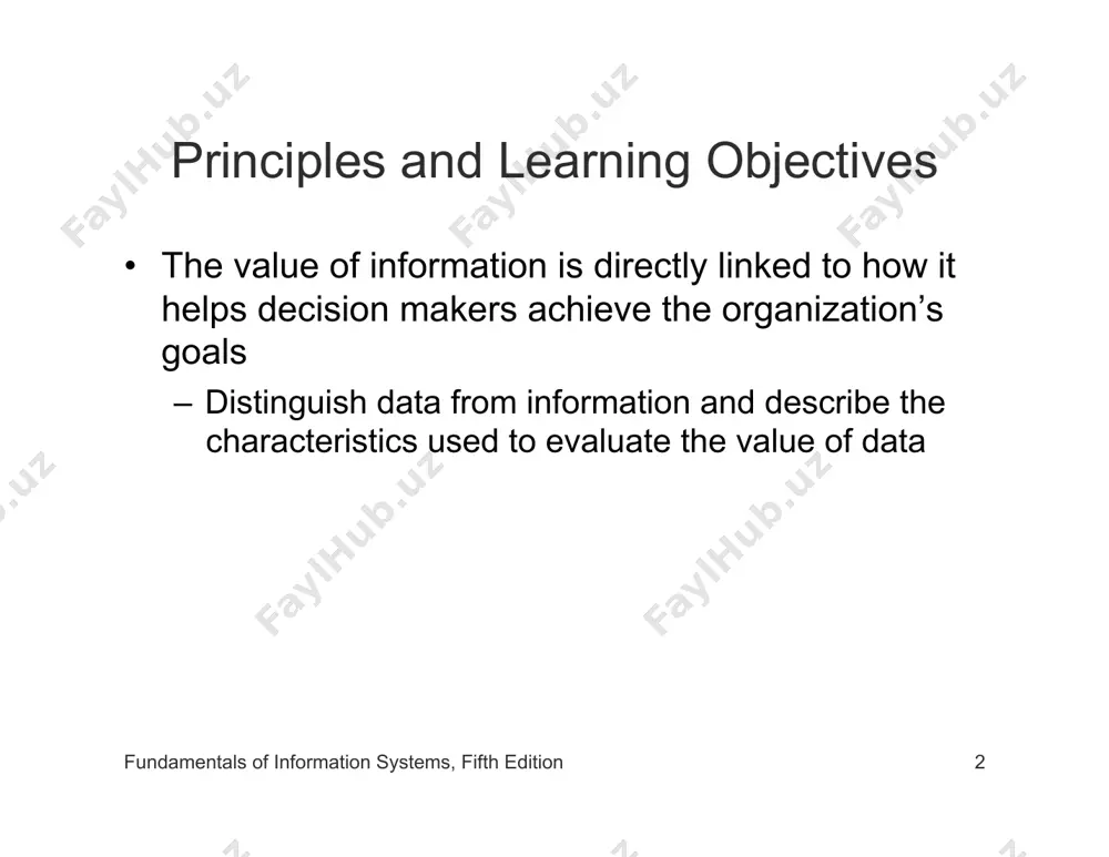 ble in information systems fundamentals of information systems, fifth edition 7 information concepts • data, information, and knowledge – data: raw facts – information: collection of facts organized in such a way that they have additional value beyond the value of the facts themselves – process: set of logically related tasks performed to achieve a defined outcome – knowledge: awareness and understanding of a set of information fundamentals of information systems, fifth edition 8 data, information, and knowledge fundamentals of information systems, fifth edition 9 data, information, and knowledge (continued) fundamentals of information systems, fifth edition 10 data, information, and knowledge (continued) fundamentals of information systems, fifth edition 11 the characteristics of valuable information • if information is not accurate or complete – people can make poor decisions, costing thousands, or even millions, of dollars • information can be of little value to the organization – if information is not …