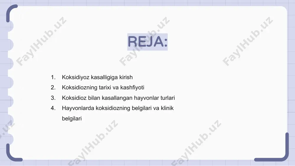 mol, qo'y va echkilar ham koksidiyozdan aziyat chekishi mumkin. alomatlar orasida diareya, suvsizlanish va ishtahaning pasayishi mavjud. davolash dori vositalari va keyingi tarqalishining oldini olish uchun qattiq sanitariya qoidalarini o'z ichiga oladi. hayvonlarda koksidiozning belgilari va klinik belgilari koksidioz - bu mikroskopik parazit keltirib chiqaradigan hayvonlar orasida keng tarqalgan kasallik. alomatlar orasida diareya, vazn yo'qotish va suvsizlanish mavjud. hayvonlarda koksidiozning klinik belgilari, shuningdek, najasda qon, ishtahaning pasayishi va letargiya bo'lishi mumkin. erta aniqlash va davolash boshqa hayvonlarga tarqalishining oldini olish uchun juda muhimdir. koksidiyozni to'g'ri tashxislash va davolash uchun veterinar bilan maslahatlashing. coccidia parazitining hayot aylanishi koksidioz - bu coccidia deb nomlanuvchi mikroskopik parazit keltirib chiqaradigan kasallik. parazitning hayot aylanishi hayvonlarning ifloslangan oziq-ovqat yoki suvdan ookistlarni yutib yuborishi bilan boshlanadi. yutilganidan so'ng, ookistlar mezbon hayvonning ichak hujayralarini bosib olgan sporozoitlarni chiqaradi. hujayralar ichida ular ko'payadi va yangi ookistlar hosil qiladi, tsiklni yakunlaydi. coccidia mavjudligi diareya, vazn yo'qotish va chorvachilikda ishlab …