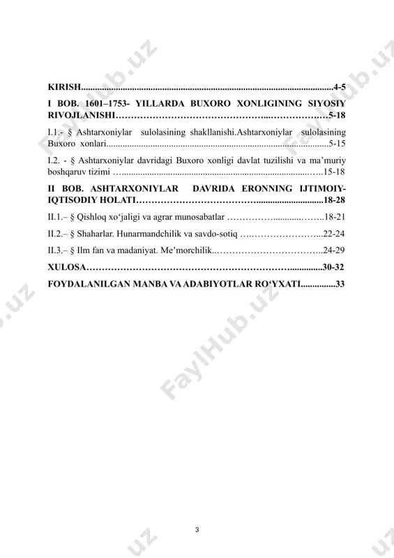 lasi davrida amalga oshirilgan islohotlar, madaniy taraqqiyot, siyosiy jarayonlar va iqtisodiy munosabatlarni xolislik tamoyili asosida oʻrganish hisoblanadi. tadqiqot ob’yekti. ushbu kurs ishining tadqiqot ob’yekti xvii asr boshlardan xviii asr o‘rtalariga qadar mavjud bo‘lgan ashtarxoniylar davridagi buxoro xonligi hisoblanadi davriy (xronologik) chegaralanishi. kurs ishining xronologik chegarasi 1601 – 1753-yillar oralig‘ini qamrab olgan boʻlib, asosiy urgʻu ashtarxoniylar davlatining tarixiga qaratilgan. kurs ishining tuzilishi. kirish, ikki bob, 5 paragraf, xulosa va foydalanilgan manba va adabiyotlar roʻyxatidan iborat. i bob. 1601–1753- yillarda buxoro xonligining siyosiy rivojlanishi i.1.- § ashtarxoniylar sulolasining shakllanishi.ashtarxoniylar sulolasining buxoro xonlari siyosiy tarix. 1598-yilda abdullaxon ii vafot etgach taxtga uning oʻgʻli abdulmoʻmin oʻtirdi. oʻzaro urushlar natijasida u uzoq vaqt hokimiyatni boshqara olmay halok boʻldi. taxtga abdullaxon ii ning amakivachchasi pirmuxammad ii oʻtirib, u ham uzoq vaqt hukmronlik qila olmadi. abdullaxon ii vafotidan keyin markaziy xokimiyatning inqirozi va mamlakatdagi tartibsizliklardan buxoro xonligining ichki va tashqi raqiblari zudlik bilan foydalanishga urinishdi. pirmuhammadxon bu …