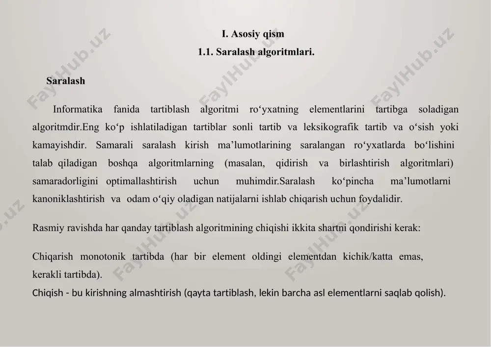 kvant fizikasi, funksional analiz, toʻplamlar nazariyasi, ekonomika, informatika kabi fanlarga munasib hissa qoʻshgan. tezkor saralash algaritmi 1964 yilda charlz hoar tamonidan taklif qilingan. charlz hoar ingliz olimi, informatika va hisoblash texnikasi sohasida yetuk mutaxassisdir. uning “tezkor saralash” algaritmi saralash boʻyicha eng ommobop algaritm. tanlash orqali saralash xar qadamda hali koʻrilmagan elementlar orasidagi n ning kichigini tanlaymiz. bu jarayan (n-1) marta dovom etadi. saralash deb, berilgan obyektlar ketma-ketligini ma`lum mantiqiy tartibda qayta joylashtirish jarayoniga aytiladi. saralash bir necha ko`rsatkichlarga bog`liq bo`lishi mumkin. misol uchun maktab jismoniy tarbiya darsi. bu dars boshida bolalar bo`ylariga qarab safda turishadi. me`yor topshirish jarayonida esa sinf jurnalidagi familiyalar ketma-ketligiga qarab topshirishadi. shu yerning o`zida 2ta saralashdan foydalanilyapti. biri, bo`y uzunligi bo`yicha, ikkinchisi sinf jurnalidagi o`rinlar bo`ycha. 2.1. koʻp bosqichli saralash va ketma-ket saralash oʻrtasidagi farq. koʻp bosqichli saralash va ketma-ket saralash namuna olish hayotning eng muhim tomonlaridan biridir. namunalarni har biridan tortib, hukumatgacha va kichik bir …