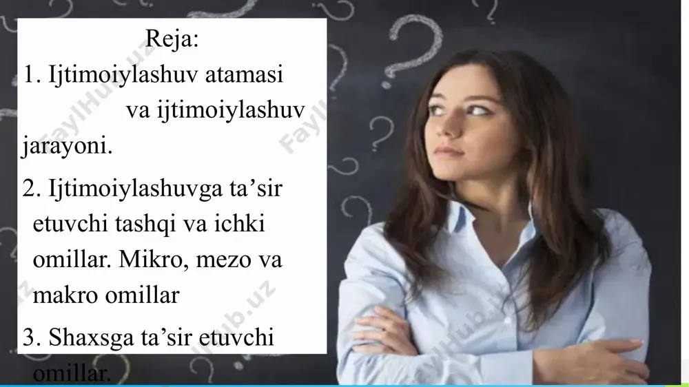 ir etish ham sodir boʻladi. shunday qilib, muvaffaqqiyatli ijtimoiylashuv moslashuv va individuallashuv oʻrtasida muvozanat saqlangandagina amalga oshishi mumkin. bu jarayon 3 asosiy sohada amalga oshadi: имя или логотип 7 8 - faoliyat- turlarning kengayishi, uning shakl va vositalarini qoʻlga kiritish, erkin moʻljal olish. -muomala - muomala doirasini kengaytirish, uning mazmunini chuqurlashtirish, xulq-atvor meʼyorlarini oʻzlashtirish. - anglash- shaxsiy men obrazini faoliyatning faol ishtirokchisi sifatida shakllantirish, oʻz ijtimoiy mansubligi va oʻrnini anglash, oʻziga baho berishni shakllantirish. имя или логотип 8 ijtimoiylashuv vositalari. inson ijtimoiylashuvi u yoki bu jamiyat ijtimoiy qatlamlariga xos boʻlgan universal vositalar orqali amalga oshiriladi, ularga: goʻdakni emizish va gʻamxoʻrlik qilish usullari, maishiy va gigiyenik yurish-turish qoidalari, insonni oʻrab turuvchi moddiy madaniyat mahsulotlari, maʼnaviy madaniyat unsurlari(alladan boshlab ertaklargacha), muomala usuli va mazmuni, shuningdek oilada jazolash va mukofotlash uslublari, insonning hayotiy faoliyatidagi koʻp sonli munosabatlari-muloqot, oʻyinlar, maʼnaviy-amaliy faoliyat, sport bilan shugʻullanish kiradi. 9 имя или логотип 10 bola ijtimoiylashuvining yetakchi vositalari …
