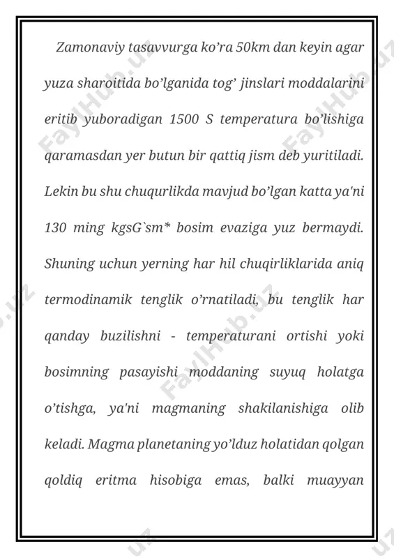 hishasimon bo’lib, vulkon shishasiga obsidian va pemza kiradi. pemza zichligi 1 gg`sm3 dan kam bo’lgan. oq, kulsimon, sariq tusli ko’piksimon jins. u issiqlik tutuvchi beton, tsement, buyoqlar tayyorlashda ishlatiladi. diorit tula kristallangan donador jins. mineral tarkibi asosan plagioklazdan (65-70 % gacha) iborat rangli minerallar 30 % ni tashkil etib, amfibiol, avgit, biotitlardan iboratdir. gabbro qumtuproqqa tuyinmagan, massiv asosli intruziv jinsdir. gabbro tarkibida asosli plagioklaz (labrador, labrador-bitovnit, anorit), piroksen, amfibol uchraydi. foydalanilgan adabiyotlar 1. islomov o.i. “umumiy geologiya” «o’qituvchi» 1991 yil. 2. shoraxmedov sh.sh. “umumiy va tarixiy geologiya” «o’qituvchi» 1989 yil. 3. qurbonov a.s. “geologiya” «o’qituvchi» 1991 yil. 4. qurbonov a. “geologiya” o’qituvchi 1992 yil. tektonik harakatlar - yer qaʼrida sodir boʻlgan jarayonlar natijasida vujudga kelgan yer poʻsti harakatlari; yer poʻsti va asosan yer mantiyasidati kuchlar taʼsirida sodir boʻlib, poʻstni tashkil etgan jinslarni deformatsiyaga olib keladi. tektonik harakatlar, odatda, deformatsiyaga uchragan togʻ jinslarining kimyoviy tarkibi, fazaviy holati (mineral tarkibi) va ichki …