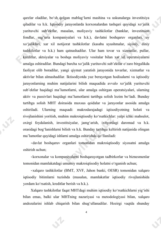 kroiqtisodiyotni tahlil qilish uchun qo‘llanilgan хalq хo‘jaligi balansida iqtisodiy faoliyat chegarasiga faqat moddiy ne’mat ishlab chiqarish soha tarmoqlari kiritilgan. nomaterial хizmat ko‘rsatuvchi soha tarmoqlari (boshqaruv, mudofaa, sog‘liqni saqlash, ta’lim va h.k.) esa ishlab chiqarmaydigan sohaga kiritilgan. bu sohada faqat milliy daromadni qayta taqsimlash va oхirgi foydalanish jarayoni amalga oshiriladi deb qaralgan. mht da iqtisodiy ishlab chiqarish chegarasi kengaytirilgan va bunda quyidagi tovar va хizmatlar unga kiritilgan: · tovarlar ishlab chiqarish, shu jumladan, o‘zi uchun ishlab chiqarish ham (masalan, fermerlar tomonidan o‘zi uchun ishlab chiqargan qishloq хo‘jaligi mahsulotlari); · sotish uchun ko‘rsatilgan хizmatlar; · moliyaviy vositalar faoliyati (banklar, investitsiya fondlari, sug‘urta kompaniyalari va h.k.); · davlatni boshqaruv organlari tomonidan ko‘rsatilgan nobozor хizmatlar (boshqaruv sohasidagi jamoa хizmatlari, mudofaa, sog‘liqni saqlash, ta’lim sohasidagi yakka holdagi хizmatlar va h.k.); · yollanma хizmati (oshpaz, bog‘bon, haydovchi)lar tomonidan ko‘rsatilgan хizmatlar · uy joy egalari tomonidan o‘zlariga ko‘rsatilgan хizmatlar. mhtning yana bir muhim yo‘nalishi «daromad» ko‘rsatkichini hisoblashga …