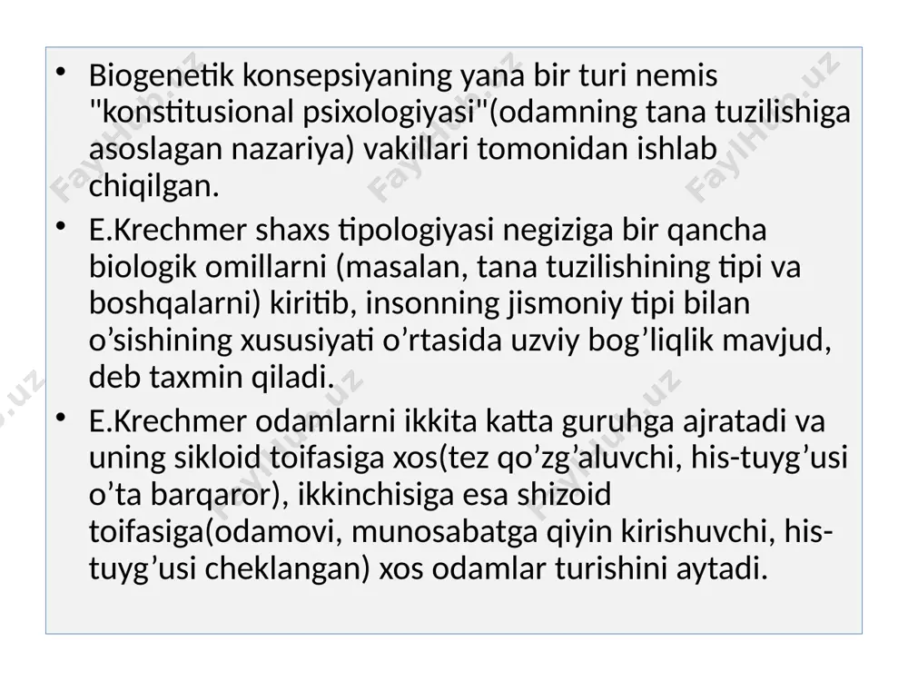 uvchi har xil xususiyatli g’oyaviy va amaliy ustanovkalar, qiziqishlar, ehtiyojlar kiradi. ustuvor yo’nalganlik shaxsning barcha psixik faoliyatini belgilaydi. 2. imkoniyatlar – faoliyatning muvafaqqiyatli amalga oshirishini ta’min-lovchi tizim, o’zaro ta’sir etuvchi va o’zaro bog’liq bo’lgan turlicha qobiliyatlar. 3. xarakter – ijtimoiy muhitda shaxsning xulq-atvor uslubini aniqlaydi. odamning ruhiy hayoti shakli va mazmuni unda namoyon bo’ladi. xarakter tizimi irodaviy va ma’naviy sharoitlarga ajraladi. 4. mashqlar to’plami – hayot va faoliyat, harakat va xulq-atvorni tuzatish (korrektsiyalash), o’zini-o’zi nazorat qilish, o’zini-o’zi boshqarishni ta’min-laydi. bolaning psixik rivojlanishiga ikkita asosiy omil o’z ta`sirini ko’rsatadi: biologik(tabiiy); ijtimoiy muxit(hayot sharoiti, ta`lim va tarbiya); eng asosiy biologik omil sifatida irsiyat nazarda tutiladi. bola qanday irsiy belgilar bilan tug’iladi? odamga xos bolgan bosh miyaning tuzilishi va nerv tizimi; odamlar uchun umumiy bo’lgan jismoniy belgilar, sezgi va harakat organlari(tik gavda tuzilishi, tashqi olamni bilish va unga ta`sir ko’rsatish orgali bo’lgan qo’lning tuzilishi); nutq apparatining odamga xos bo’lgan shakli va tuzilishi; odam …