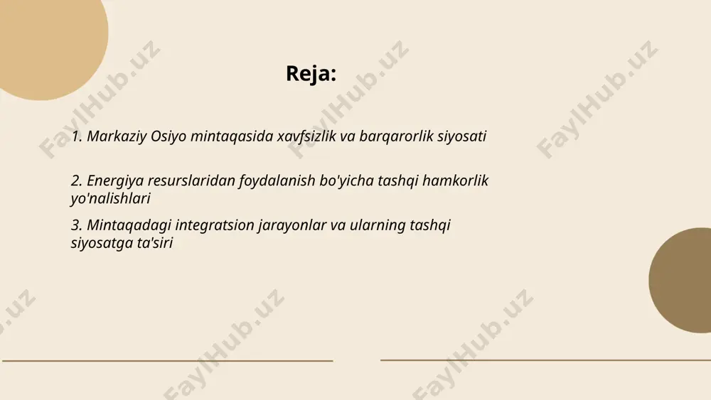 gdek, xalqaro investitsiyalarni jalb qilish orqali energiya sifatini yaxshilash va yashil energiyaga o‘tish uchun yevropa ittifoqi bilan ham aloqalar o‘rnatilgan. bu jarayonlar barqaror energiya ta'minotini ta'minlashda muhim rol o‘ynaydi. ... t.me/slaydai_bot mintaqaviy integratsiya jarayonlari markaziy osiyo davlatlarining iqtisodiyotini yanada mustahkamlashga xizmat qiladi. 1991-yildan so‘ng mustaqillikka erishgan ushbu davlatlar o‘zbekiston, qozog‘iston, qirg‘iziston, turkmaniston va tojikiston. integraatsion jarayonlar orqali savdo hajmi ortishi kuzatildi, 2021-yilda markaziy osiyo ichki savdosi 9 milliard dollarga yetdi. ushbu davlatlar xalqaro tashkilotlar, masalan, yexht va bmt doirasida yaqin hamkorlik qiladi. integratsiya tashqi siyosatda ham sezilarli o‘zgarishlarga olib keldi, qo‘shma dasturlar va transport infratuzilmasi rivoji ustuvor vazifalardan. mintaqaviy xavfsizlik va energetika sohalaridagi hamkorlik strategik ahamiyat kasb etmoqda. ... t.me/slaydai_bot 4. iqtisodiy hamkorlik va savdo aloqalari rivoji iqtisodiy hamkorlik va savdo aloqalari rivoji yuzasidan ma'lumotlar quyidagicha: o'zbekiston va markaziy osiyo davlatlari o'rtasida savdo hajmi so'nggi yillarda o'rtacha 20% o‘sgan. xitoy o'zbekistonning asosiy savdo hamkorlari orasida birinchi o'rinda turib, yillik tovar …