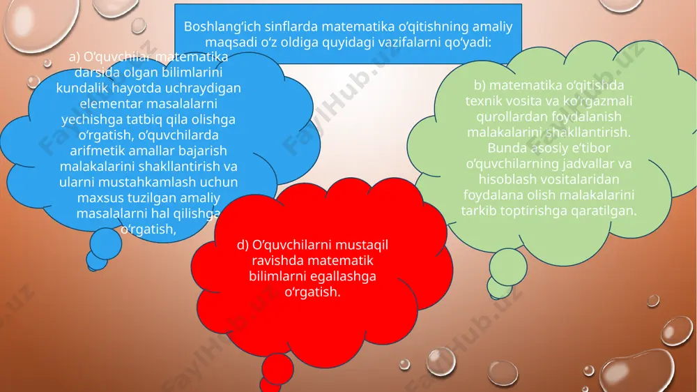 . kompyuterlarni o’quv jarayonida qo’llash quyidagilarga imkon beradi: - o’quvchilarda bilish ehtiyojini shakllantiradi; o’quvchilarning bilish faoliyatini faollashtiradi; o’quvchilarda fanni o’rganishga qiziqishni oshiradi; - kompyuter bilan ishlashni o’rganishga bo’lgan ishtiyoqni oshiradi; - kompyuterlardan foydalanish bilan bog`liq dunyoni ilmiy bilishning hozirgi zamon metodlari bilan tanishtiradi - ta’limda o’quvchining individuallik darajasini oshiradi; o’quvchilarning ijodkorlik qobiliyatini rivojlantiradi; - materiallar mazmunining xilma-xilligini ta’minlaydi; - ta’limda ko’rgazmalilikni kuchaytiradi; - o’quvchilarning o’z-o’zini nazorat qilishi, ya’ni baholash jarayonining omillarini kengaytiradi va h.k. matematik kompetentsiya kompetensiya –fan bo‘yicha egallagan nazariy bilim, amaliy ko‘nikma va malakalarni kundalik hayotida duch keladigan amaliy va nazariy masalalarni yechishda foydalanib, amaliyotda qo‘llay olishdir. kompetentlilik –(lotincha: competens – layoqatli, qobiliyati bor) kompetentlilik tarkibiga sof kasbiy bilim, ko‘nikma va malakalardan tashqari, tashabbuskorlik,hamkorlik, guruhda ishlash layoqati, kommunikativ qobiliyati,real baholay olish, mantiqiy fikrlash, axborotni saralash va foydalana olish xususiyatlari ham kiradi. darsning borishi: i tashkiliy qism. a) salomlashish, davomotni aniqlash, tozalikni tekshirish b) ma’naviyat daqiqasi ii. o’tgan mavzuni …