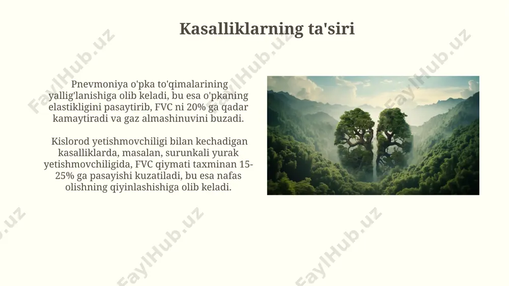 i salomatlikka foydali odatlar, o'pka to'qimalarining shikastlanishini kamaytiradi va vc ning tabiiy o'sishiga yordam beradi, ba'zi hollarda 20% gacha yaxshilanish kuzatiladi. chekishning ta'siri chekish o'pkaning alveolalari devorlarini yo'q qiladi, shu sababli o'pka hajmining 10-15% gacha kamayishiga olib keladi va bu esa umumiy o'pka vital sig'imining pasayishiga sabab bo'ladi. surunkali obstruktiv o'pka kasalligi (sook) ning rivojlanishi chekish bilan bog'liq bo'lib, bu kasallik vital sig'imni 50% yoki undan ko'proqqa kamaytirishi mumkin. vc ning yuqoriligi sabablari vc ning yuqoriligi sog'lom yosh kattalarda o'rtacha 4-5 litrni tashkil qiladi, ammo sportchilar va jismoniy mashqlar bilan muntazam shug'ullanuvchilarda bu ko'rsatkich 7 litr va undan yuqori bo'lishi mumkin, bu esa o'pkaning kengayishi va hayotiy sig'imining oshishi bilan bog'liq. baland bo'yli odamlarda ko'krak qafasi hajmining kattaligi tufayli o'rtacha vc ko'rsatkichlari yuqori bo'ladi, masalan, 180 sm dan baland bo'yli odamlarda 6 litrdan oshiq vc kuzatilishi mumkin. e'tiboringiz uchun rahmat @taqdimot_robot image2.jpg image3.jpg image4.jpg image5.jpg image6.jpg image7.jpg image8.jpg image9.jpg image10.jpg …