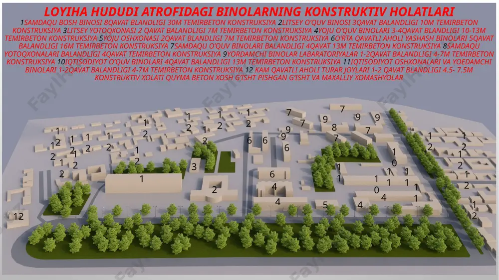 rbeton konstruksiya 2 litsey o’quv binosi 3qavat balandligi 10m temirbeton konstruksiya 3 litsey yotoqxonasi 2 qavat balandligi 7m temirbeton konstruksiya 4 yoju o’quv binolari 3-4qavat blandligi 10-13m temirbeton konstruksiya 5 yoju oshxonasi 2qavat blandligi 7m temirbeton konstruksiya 6 o’rta qavatli aholi yashash binolari 5qavat balandligi 16m temirbeton konstruksiya 7 samdaqu o’quv binolari balandligi 4qavat 13m temirbeton konstruksiya 8 samdaqu yotoqxonalari balandligi 4qavat temirbeton konstruksiya 9 yordamchi binolar labaratoriyalar 1-2qavat balandligi 4-7m temirbeton konstruksiya 10 iqtisodiyot o’quv binolari 4qavat balandligi 13m temirbeton konstruksiya 11 iqtisodiyot oshxonalari va yoedamchi binolari 1-2qavat balandligi 4-7m temirbeton konstruksiya 12 kam qavatli aholi turar joylari 1-2 qavat blandligi 4.5- 7.5m konstruktiv xolati quyma beton xosh g’isht pishgan g’isht va maxalliy xomashyolar 1 2 3 4 4 4 4 5 6 6 6 6 7 7 7 7 7 8 9 9 9 9 9 10 10 11 11 11 11 12 12 12 12 12 12 …