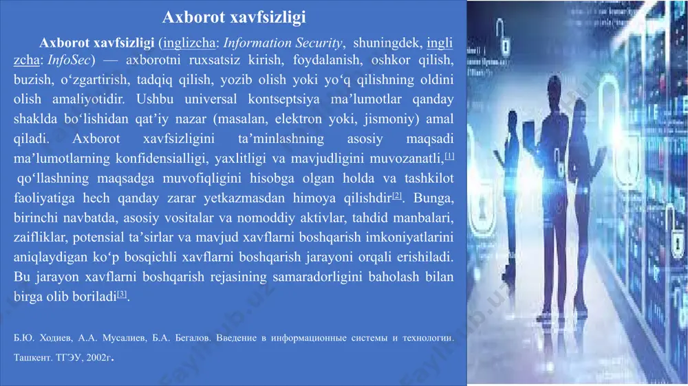i, mijozlari, mahsulotlari, tadqiqotlari va moliyaviy natijalari haqida doimiy ravishda katta miqdordagi maxfiy maʼlumotlarni toʻplaydi. agar bunday maʼlumotlar raqobatchilar yoki kiberjinoyatchilar qoʻliga tushib qolsa, bu tashkilot va uning mijozlari uchun keng qamrovli huquqiy oqibatlarga, tuzatib boʻlmas moliyaviy va ayanchli yoʻqotishlarga olib kelishi mumkin. biznes nuqtai nazaridan, axborot xavfsizligi xarajatlarga nisbatan muvozanatli boʻlishi kerak. gordon-lob[en] iqtisodiy modeli bu muammoni hal qilishning matematik apparatni tavsiflaydi[20]. unga koʻra axborot xavfsizligi tahdidlari yoki axborot xavflariga qarshi kurashishning asosiy usullari quyidagilardan iborat: kamaytirish — zaifliklarni bartaraf etish va tahdidlarning oldini olish uchun xavfsizlik va qarshi choralarni amalga oshirish; uzatish — tahdidlarni amalga oshirish bilan bogʻliq xarajatlarni uchinchi shaxslar: sugʻurta yoki autsorsing kompaniyalariga oʻtkazish; qabul qilish — xavfsizlik choralarini amalga oshirish xarajatlari tahdidni amalga oshirishdan mumkin boʻlgan zarardan oshib ketgan taqdirda moliyaviy zaxiralarni shakllantirish; voz kechish — haddan tashqari xavfli faoliyatdan voz kechish[21] tarix ilk aloqa vositalarining paydo boʻlishi bilan diplomatlar va harbiy rahbarlar maxfiy yozishmalarni …