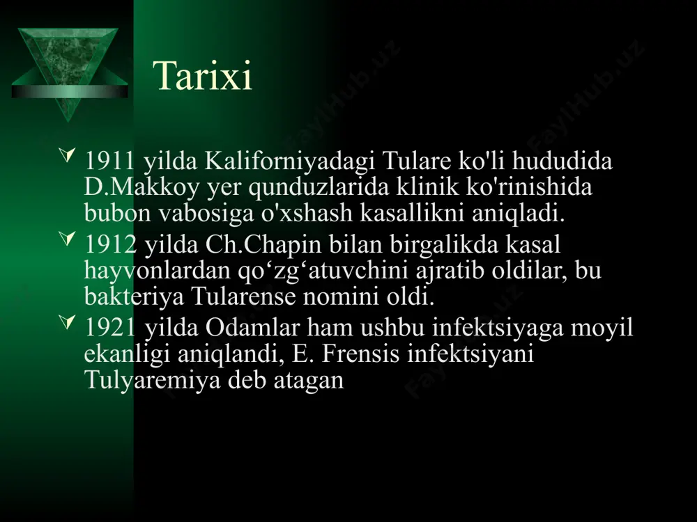 s uzaygan bo'lsa, ular vaktsina bilan birlashtiriladi: vaktsina tomir ichiga, s/s, mushak ichiga yoki tomir ichiga 1\15 million mikrob tanachalari dozasida 3-5 kunlik interval bilan yuboriladi, kurs. davolash 10-12 in'ektsiyadan iborat patogenetik terapiya: dezinfektsiyalash vositalari, stimulyatorlar va giposensitizatorlar mahalliy davolash (kompresslar, termal protseduralar) ko'rsatkichlarga ko'ra - jarrohlik usullari (yiringli bubolarni ochish) oldini olish kemiruvchilarga qarshi kurash, omborlarda, omborlarda, turar-joylarda yo'q qilish enzootik hududlarda aholini quruq jonli tulyaremiya vaktsinasi bilan muntazam emlash, arevaksinatsiya - 5 yildan keyin amalga oshiriladi. sog'liqni saqlash ta'limini olib boring image1.jpeg image2.jpeg image3.jpeg /docprops/thumbnail.jpeg
