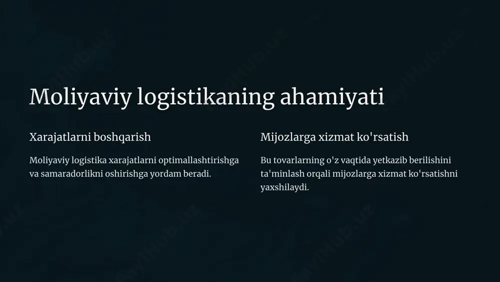 iallar xarajatlari. 3 jihozlar qayta ishlash jihozlari va texnologiyalari xarajatlari. aloqalar va kommunikatsiya xarajatlari telefon telefon aloqasi xarajatlari. internet internet aloqasi xarajatlari. posta pochta xizmatlari xarajatlari. mahsulotlarni yuklash, tushirish va saqlash xarajatlari ichida omborlarni xavfsizlik tizimlari bilan ta'minlash uchun kerakli xarajatlarning yanada qo'shimcha tushunish talab qilinadi. bu tushunish tartibida xavfsizlik sohasidagi xarajatlarning hisoblanishi kerak. mahsulotlarni qayta ishlash jarayoni uchun esa qayta ishlash uchun kerakli materiallar va jihozlar xarajatlari ham hisobga olinadi. aloqalar va kommunikatsiya xarajatlari qatoriga telefon aloqasi, internet aloqasi va pochta xizmatlari xarajatlari ham kirit tovarlarni yetkazib berish xarajatlari 1 yuk tashish tovarlarni yetkazib berish uchun transport xarajatlari. 2 qadoqlash tovarlarni qadoqlash xarajatlari. 3 sug'urta tovarlarni sug'urtalash xarajatlari. tovarlarni saqlash xarajatlari omborlarni ijaraga olish tovarlarni saqlash uchun omborlarni ijaraga olish xarajatlari. xavfsizlik omborlarni xavfsizlik tizimlari bilan ta'minlash xarajatlari. moliyaviy logistika xarajatlarini boshqarish moliyaviy logistika xarajatlarini boshqarishning asosiy bo'limlari: sodiqlar, import va eksport tovarlar transportini tashish, ulushni daromadga aylanish va …