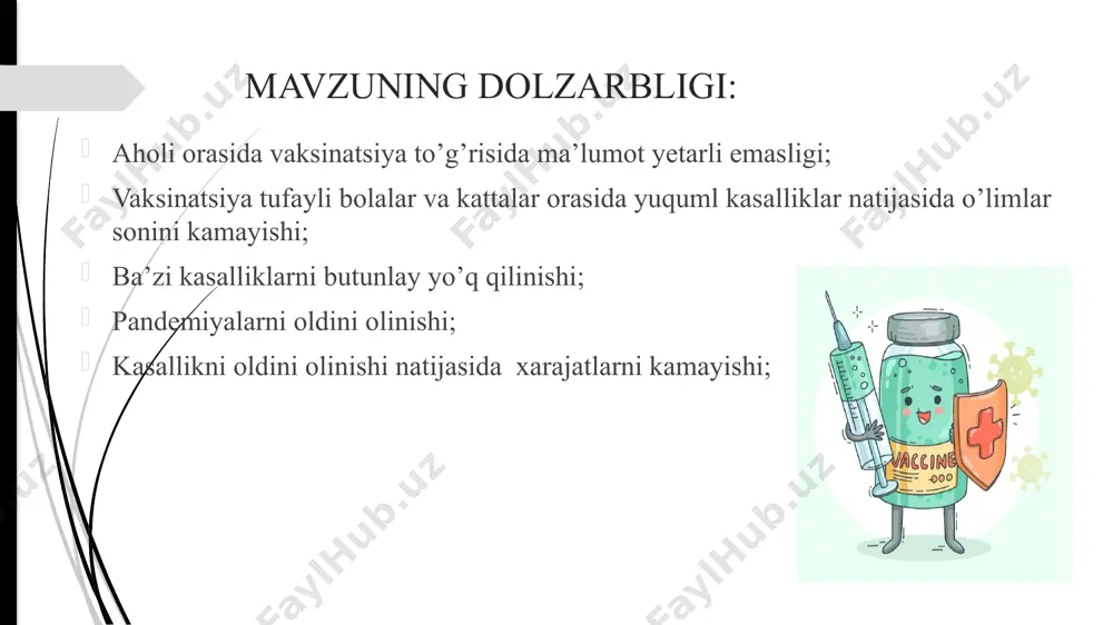ulyar yoki o’ldirilgan vaksinalar- mikroblarnifizik-kimyoviy usullar bilan o’ldirib olinadi; anatoksin- ekzotoksinlardan tayyorlanadi; kimyoviy va sun’iy vaksinalar; gen injeneriyasi usuli bilan tayyorlangan vaksinalar: vgv- gepatit bga qarshi vaksina vaksinatsiya jadvali: 1-doza: tug’ilgan kunida 12-soat ichida; 2-doza: chaqaloqning 1-oyligida; 3-doza: 6oylikda. vaksina ahamiyati: onadan bolaga yuqishi mumkin bo’lgan gepatit b ni oldi olinadi; hayoti davomida jigar kasallanishini oldini oladi; uzoq muddatli(95%) himoya beradi bsj- silga qarshi vaksina sil mikobakteriyasining kuchsizlantirgan shtammi. bsj qilish jadvali: 1-doza chaqaloq tug’ilganda tug’ruqxonada 4-7-kunlari 0,1 ml hajmda 0,05 mg yuboriladi: revaksinatsiya 7 va 15 yoshda qilinadi. ahamiyati: silning oldini oladi, ayniqsa bolalarda kechadigan og’ir sil kasalligini oldini oladi. nojo’ya ta’sirlari: shish yoki qizrish yuzaga kelishi mumkin; ba’zan u yarachaga aylanadi va bir necha haftada bitadi; juda kam xollarda limfa tugunlari kattalashadi, bunda shifokorga murojaat qilish kerak. opv – poliomiyelitga qarshi vaksina og’iz orqali beriladigan tirik, zaiflashtirilgan vaksina. bolalarni og’ir falajdan saqlaydi. emlash jadvali: 1-doza: 2 oylikda; 2-doza: …