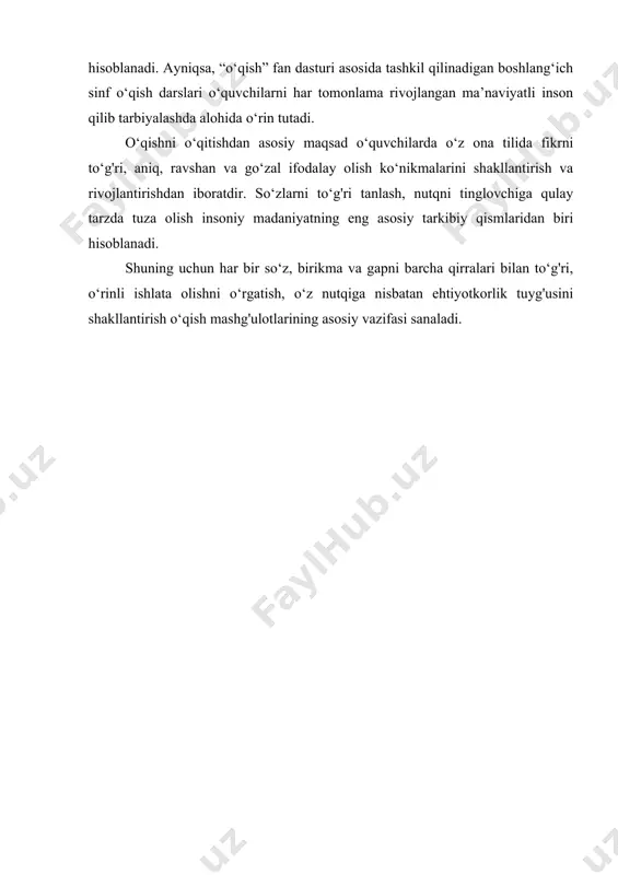hga xizmat qiladi. sinfdan tashqari o‘qish darslarning asosiy vazifasi o‘quvchida badiiy kitoblarni o‘qishga havas uyg‘otish, o‘qigan kitoblari yuzasidan kundalik yurita olishga o‘rgatish, bolalar adabiyotining mashhur adiblari hayoti va ijodi bilan elementar tarzda tanishtirish hisoblanadi. bolalarda ezgulikka muhabbat, yovuzlikka nafrat uyg‘otish, ularning bog‘lanishli nutqini o‘stirish, adabiy-estetik tafakkurini yuksaltirish sinfdan tashqari o‘qish darslarining ham tub mohiyatini tashkil etadi. sinfdan tashqari o‘qitish sinfda o‘qish bilan uzviy bog‘liq ravishda uyushtiriladi. sinfda o‘qish sinfdan tashqari o‘qitish uchun zarur bo‘lgan o‘qish malakalarini shakllantiradi, o‘qigan asarni tushunishga o‘rgatadi, lug‘atni boyitadi. sinfdan tashqari o‘qitish qiziqarli va o‘ziga jalb etadigan faoliyat bo‘lib, bolalarning bilim doirasini boyitadi, qiyoslash uchun material beradi. sinfda o‘qish − hayotga tayyorlash vositasi, sinfdan tashqari o‘qish esa hayotning o‘zidir. sinfdan tashqari o‘qitish darslarining muhim vazifalaridan biri mustaqil o ‘qish malakalarini tarbiyalash hisoblanadi. buning uchun mustaqil bajarish uchun topshiriqlar berish, qiziqarli mashq ttnrlaridan foydalanish, eng yaxshi insholarni, taqrizlarni, yozuvchi haqida to‘plangan ma’lumotlarni o‘qitish, „tez a ytish „top …