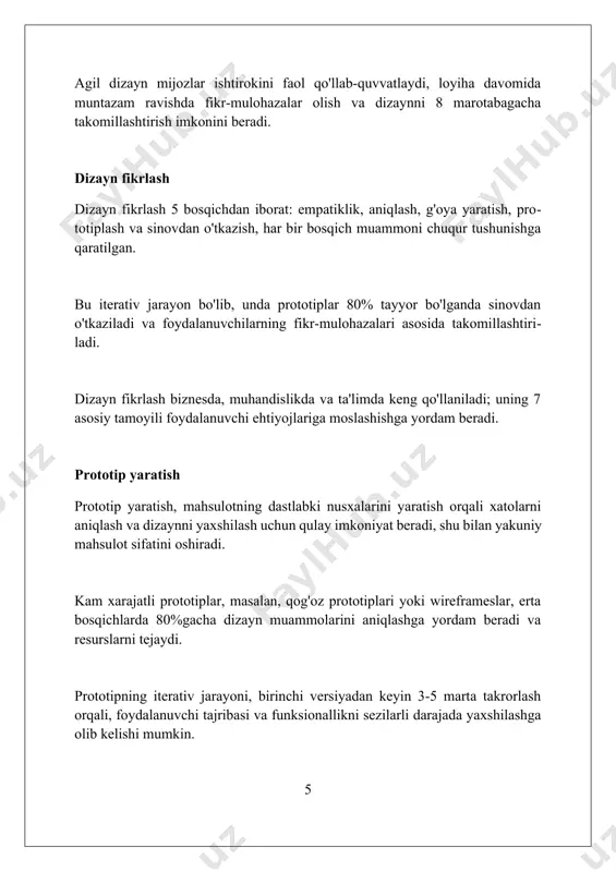 . ularni to'g'ri qo'llash muvaffaqiyatli natijalarga olib keladi. foydalanilgan adabiyotlar 1. dizayn usullari kitobi, nigel kros 2. dizayn bilan fikrlash: innovatsiyalar uchun qo'llanma, tim braun 3. 101 dizayn usullari: innovatsion mahsulotlar va xizmatlar yaratish uchun kuchli vositalar to'plami, vijay kumar 4 2