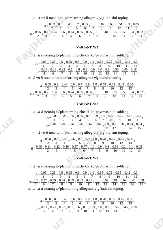 hekli ko‘paytmasini hisoblang. 1. a va b noaniq to’plamlarning albegraik yig’indisini toping. variant № 16 1. a va b noaniq to’plamlarning chekli ko‘paytmasini hisoblang. 1. a va b noaniq to’plamlarning albegraik yig’indisini toping. variant № 17 1. a va b noaniq to’plamlarning chekli ko‘paytmasini hisoblang. 1. a va b noaniq to’plamlarning albegraik yig’indisini toping. variant № 18 1. a va b noaniq to’plamlarning chekli ko‘paytmasini hisoblang. 1. a va b noaniq to’plamlarning albegraik yig’indisini toping variant № 19 1. a va b noaniq to’plamlarning chekli ko‘paytmasini hisoblang. 1. variant № 20 1. a va b noaniq to’plamlarning chekli ko‘paytmasini hisoblang. 1. a va b noaniq to’plamlarning albegraik yig’indisini toping. variant № 21 1. a va b noaniq to’plamlarning chekli ko‘paytmasini hisoblang. 1. a va b noaniq to’plamlarning albegraik yig’indisini toping. variant № 23. 1. 1. a va b noaniq to’plamlarning albegraik yig’indisini toping.