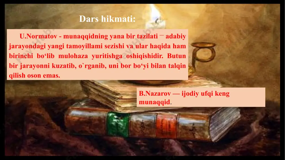 y kotib, institut direktori lavozimlarida samarali faoliyat ko'rsatdi. ma'lum muddat 0‘zbekiston respublikasi prezidenti davlat maslahatchisi (1990-1992), oliy va o‘rta maxsus ta'lim vazirining birinchi o‘rinbosari (1992—1994), o‘zr faning vitse-prezidenti (2000-2001) kabi yuksak lavozimlarda ishladi. b.nazarov mehnatlari oybek adabiy-tanqidiy qarashlari tadqiq etilgan nomzodlik (1972), o'zbek adabiy tanqidi metodologiyasi muammolari o'rganilgan doktorlik (1984) dissertatsiyalari himoya qilinishida, professor (1994) ilmiy unvoni berilishida, o‘zbekiston fanlar akademiyasining muxbir a'zosi (1989), haqiqiy a'zosi (2000) etib saylanishida e’tiborini topdi. 4. adabiy tanqid tabiatining tadqiqotchisi. munaqqid tajribalari shakllanishida uning o‘zi tomonidan ma'lum bir qismlari o‘zbek tiliga o'girilib chop etilgan l.n.tolstoy qalamiga mansub «san’atning mohiyati to‘g‘risida» maqolasi, n.g.chernishevskiyning «san’atning voqelikka estetik munosabati» nomli tadqiqoli, g.e.lessingning “laookon yoxud tasviriy san’at ila she'riyatning hadlari haqida” asari muhim ahamiyatga ega bo‘ldi. olimning «adabiyotshunosligimiz va tanqidchiligimiz yangi bosqichda», «badiiy asar qalbi va tanqidchi dunyosi», «yosh tanqidchilarni tarbiyalash muammolari» singari maqolalari maydonga keldi. «olim madaniyati» (1977) risolasi tanqidchining fikrlash madaniyatiga bag‘ishlangan. «navqiron she’riyat», «tanqid va …