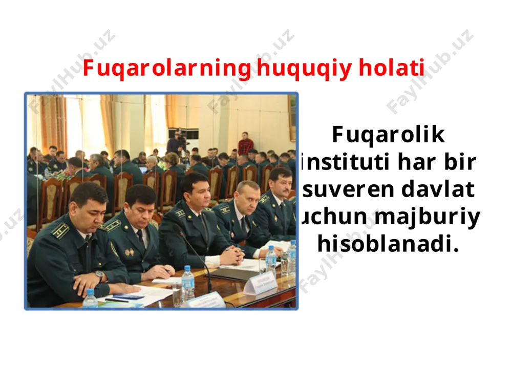 iston hududida yoki undan tashqarida tug‘ilganiga qaramay, agar uning ota-onasi o‘zbekiston fuqarolari bo‘lishsa, u o‘z-o‘zidan uning fuqaroligini oladi. ota-onasi apatrid bo‘lib, ular doimo o‘zbekiston hududida yashashsa ham, bola o‘zbekiston fuqaroligini oladi. agar ota-onasidan biri o‘zbekiston fuqarosi bo‘lmasa ham, bola o‘zbekiston fuqaroligini olishga haqli. o‘zbekiston respublikasi fuqaroligining to‘xtatilishi o‘zbekiston fuqaroligining to‘xtatilishiga quyidagilar asos bo‘ladi: - fuqarolikning yo‘qotilishi oqibatida; - o‘zbekiston xalqaro shartnomalarida nazarda tutgan boshqa asoslarga ko‘ra. fuqarolikdan chiqishni taqiqlash iltimosnoma bilan murojaat qilgan shaxs jinoiy javobgarlikka tortilgan yoki unga nisbatan ijro etiladigan sud hukmi kuchga kirgan hollarda fuqarolikdan chiqishga yo‘l qo‘yilmaydi. fuqarolikdan chiqishi o‘zbekiston davlat xavfsizligi manfaatlariga zid bo‘lgan taqdirda ham bunday iltimosnoma rad etiladi. savol va topshiriqlar: 1. sizningcha, nima uchun har qanday suveren davlatda fuqarolik majburiy hisoblanadi? 2. fuqarolik tushunchasiga ta’rif bering. 3. mamlakatda yashayotgan, ammo uning fuqaroligini olmagan odamlar qanday huquq va majburiyatlarga ega? 4. qanday hollarda fuqarolikdan chiqish taqiqlanadi? image1.jpeg image2.jpeg image3.jpeg image4.jpeg image5.png image6.jpeg image7.jpeg …