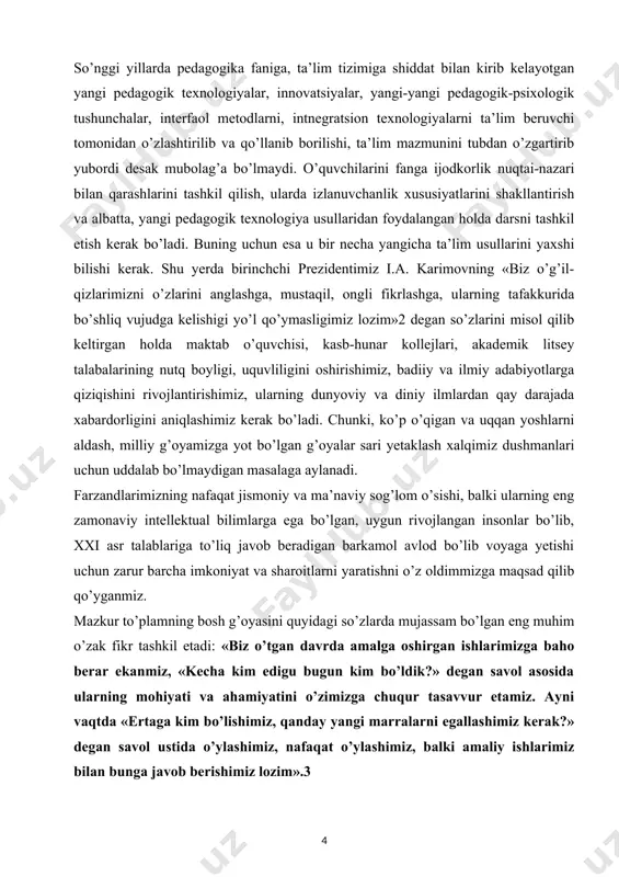 akademik litsey talabalarining nutq boyligi, uquvliligini oshirishimiz, badiiy va ilmiy adabiyotlarga qiziqishini rivojlantirishimiz, ularning dunyoviy va diniy ilmlardan qay darajada xabardorligini aniqlashimiz kerak bo’ladi. chunki, ko’p o’qigan va uqqan yoshlarni aldash, milliy g’oyamizga yot bo’lgan g’oyalar sari yetaklash xalqimiz dushmanlari uchun uddalab bo’lmaydigan masalaga aylanadi. farzandlarimizning nafaqat jismoniy va ma’naviy sog’lom o’sishi, balki ularning eng zamonaviy intellektual bilimlarga ega bo’lgan, uygun rivojlangan insonlar bo’lib, xxi asr talablariga to’liq javob beradigan barkamol avlod bo’lib voyaga yetishi uchun zarur barcha imkoniyat va sharoitlarni yaratishni o’z oldimmizga maqsad qilib qo’yganmiz. mazkur to’plamning bosh g’oyasini quyidagi so’zlarda mujassam bo’lgan eng muhim o’zak fikr tashkil etadi: «biz o’tgan davrda amalga oshirgan ishlarimizga baho berar ekanmiz, «kecha kim edigu bugun kim bo’ldik?» degan savol asosida ularning mohiyati va ahamiyatini o’zimizga chuqur tasavvur etamiz. ayni vaqtda «ertaga kim bo’lishimiz, qanday yangi marralarni egallashimiz kerak?» degan savol ustida o’ylashimiz, nafaqat o’ylashimiz, balki amaliy ishlarimiz bilan bunga javob berishimiz …