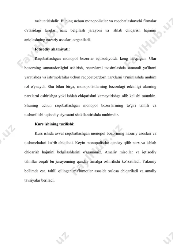 bozorni nazorat qiladi, ammo hech qanday firma bozorning asosiy monopolisti bo‘lmaydi. raqobatlashgan monopol bozorining tarkibiy qismlari: mahsulot yoki xizmatning differensiyasi: raqobatlashgan monopol bozorining asosiy xususiyati bu mahsulotning differensiyasidir. har bir firma mahsulotini boshqalardan farqlashga harakat qiladi. bu, masalan, reklama, dizayn, sifat yoki boshqa xususiyatlar orqali amalga oshiriladi. -4- ko‘p sonli firmalar: bozorda ko‘p firma mavjud bo‘lib, ular o‘z mahsulotlarini sotishga intiladi. bu firmalar bir-biri bilan raqobatlashadi, lekin ular o‘rtasidagi farqlar (masalan, narx yoki sifat) bozorni bo‘lishadi. shu bilan birga, har bir firma o‘zining ma'lum bozor segmentini egallaydi. narx elastikligi: raqobatlashgan monopol bozorida mahsulotlarning narxi o‘zgarishi bo‘yicha iste'molchilarning talabiga sezgir. mahsulotlar bir-biriga o‘xshash bo‘lishiga qaramay, har bir firma o‘z mahsulotiga narxni belgilashda erkinlikka ega. biroq, narxni oshirish iste'molchilarni boshqa firmalarga yo‘naltirishga olib kelishi mumkin. bozorga kirish va chiqish: bozorga kirish va chiqish erkinligi mavjud. yangi firmalar bozorga kirishga, mavjud firmalar esa faoliyatini to‘xtatishga imkoniyatga ega. biroq, mahsulot differensiyasi tufayli bozorda o‘z …