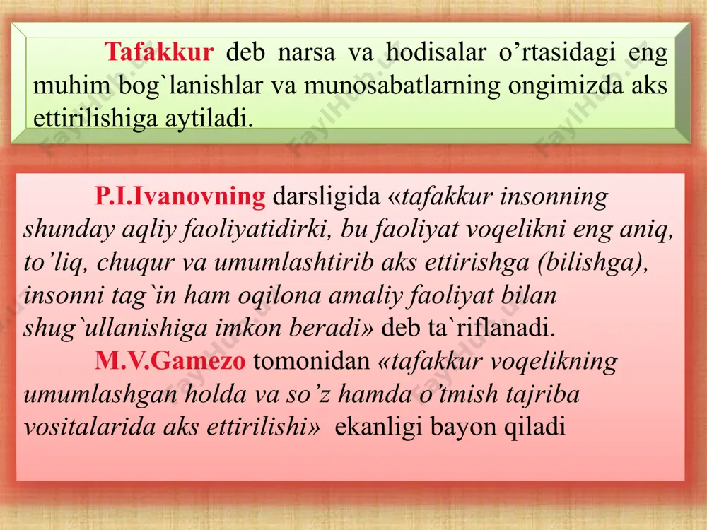 y faoliyat ekanligi ta'rifdan ko’rinib turibdi. analiz - shunday bir tafakkur operasiyasidirki uning yordami bilan biz narsa va hodisalarni fikran yoki amaliy jihatdan xususiyatlarini tahlil qilamiz. analiz jarayonida butunning uning qismlariga va elementlariga bo’lgan munosabati aniqlanadi. tahlil ob'ektlari amalda ajratib bo’lmaydigan elementlarga yoki belgilarga bo’lishda ifodalanishi mumkin. taqqoslash - shunday bir tafakkur operasiyasidirki, bu operatsiya vositasi bilan ob'ektiv dunyodagi narsa va hodisalarning bir-biriga o’xshashligi va bir-biridan farqi aniqlanadi. xix-xx asrlarda yashagan olim k.d.ushinskiy taqqoslash jarayoni borasida quyidagilarni ta’kidlagan “agar siz tabiatning bir narsasini ravshan tushunib olishni istasangiz, uning o‘ziga juda o‘xshash bo‘lgan narsalardan tafovutini topingiz va uning o‘zida juda uzoq bo‘lgan narsalar bilan o‘xshashligini topingiz. ana shunda siz shu narsaning eng muhim belgilarini payqab olasiz, demak shu narsani tushunib olasiz” taqqoslash operatsiyasi ikki xil yo‘l bilan amalga oshishi mumkin: a) amaliy aniq narsalarni bevosita solishtirish; b) nazariy tasavvur qilinayotgan obrazlarni va narsalarni ongda fikran taqqoslash. abstraksiya – shunday fikr tafakkur …