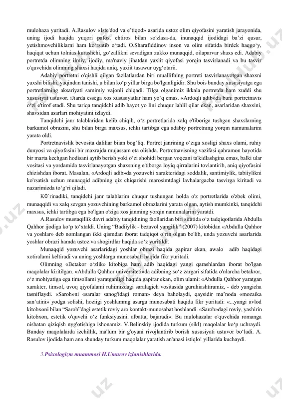 rh ilmi bilan yaqin jiiiatlarini asosli tadqiq etadi. bu kitobga atoqli o‘zbek adibi p.qodirovning yuqori baho bergani bejiz emas. asaming ahamiyati shundaki, muallif mumtoz tanqidchiligimiz qa'riga chuqur kira olgan, o`tmishning rabg'uziy, sayfi saroyi, alisher navoiy, voiz koshifty, atoulloh husayniy kabi ulug‘ ijodkorlari tanqidiy qarashlarini o'ziga xos tadqiq etgan va hozirgi zamon adabiy tanqidchiligi bilan bog'lagan. olim «tanqid. tahlil, baholash» deb nomiangan monografiyasida o‘zbek tanqidi bosib o‘tgan yo‘tni teran tahlil qildi. tanqidning talqin va tushunish bilan bog'liq keng sohalarini jahon tanqidshunosligining bugungi darajasidan kelib chiqib yoritdi. aksiologiya, semiotika, interpretatsiya, strukturalizm, baholash, modem adabiyoti to‘g‘risida kuzatishiarni 0‘zbek tanqidchiligiga olib kirdi. tanqid ham endi o‘z e'tiqodlari, tushunchalari, qarashlarini o‘zgartirishi, yangilashi, dunyoda kezayotgan g'oyalar bilan hamohang bo‘jishi zarur, degan fikmi iigari suradi munaqqid. a. rasulov adabiy-badiiy tanqiddagi baholash tabiati va fazilatini uning bosh vazifasi deb tushunadi, lekin baholash madhiyabozlikka aylanmasligi iozimiigini to‘g‘ri ta’kidlaydi. uning baholash faqat matn yuzasidan emas, badiiy asarning butun borlig‘idan kelib …