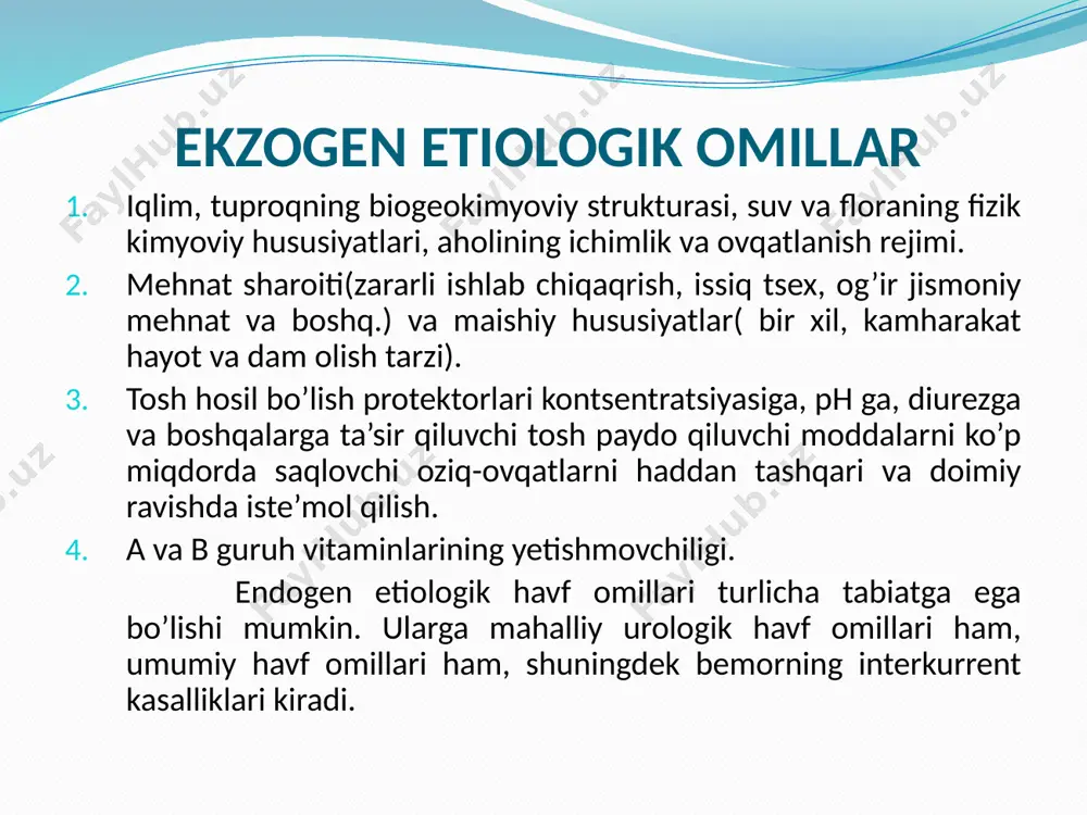 ayoniga bog’liq . ko`pincha toshlar buyrakdagi yallig’lanish jarayoni paytida paydo bo’lib, siydikning yo’nalishini buzadi, natijada yallig’lanishni yanada kuchaytirib yuboradi. buyrakdagi «aseptik» toshlar ham morfologik o’zgarishlarni keltirib chiqaradi. siydikni tekshirib, unda mikroblar topilmasa ham u buyrakda yallig’lanish jarayonini yo’q deb bo’lmaydi. chunki nefrit xali interstinal holatda bo’lish mumkin, siydik koptokchalarining va kanalchalarining kengayishi, peri va endaarterit hollari, oraliq kushuvchi to’qimalarning proliferatsiyasi ayniqsa kanalchalar atrofida aniqroq kuzatiladi. asta-sekin to’qimalari atrofiyaga uchraydi. klinikasi kalkuriya og’riq gematuriya anuriya buyrak yetishmovchiligining klinik belgilari dizuriya o’tkir siydik tutilishi 22 tashxislash diagnoz qo’yishda anamnez yig’ish muhim ahamiyatga ega. og’riqning harakteri va davomiyligini (joylashuvi, kuchi, tarqalishi); og’riq ko’ngil aynishi, qusish, qaltiroq bilan kechyaptimi-yo’qmi; siydikda gematuriya borligi va davomiyligi; og’riqning kuchi va paydo bo’lish harakterini aniqlab olish zarur; bemordan oldin tosh tushganmi; urologik anamnezga egaligi, oldin stk bo’yicha tashrix qilinganligi surishtiriladi; bemorda oshqozon ichak traktida, jigar o’t yo’llarida, qalqonsimon oldi bezlarida kasalliklar bormi; oilasi va qarindoshlari ichida stk bilan …