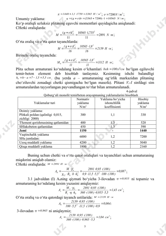 sinning devorga kirgan qismi, v=250 mm; yuklamalarni hisoblash ikkinchi darajali to‘sinning 1m uzunligiga ta’sir qiladigan yuklamalar: doimiy yuklamalar: plita va polning og‘irligi: ; ko‘ndalang kesimi bo‘lgan to‘sinning og‘irligi: jami: 8545 n/m binoning turiga bog‘liq bo‘lgan ishonchlilik koeffitsientini hisobga olsak: g=8545·0,95 ( 8118 n/m; vaqtinchalik yuklamalar ni hisobga olgan holda: υ(7200·2·0,95(13680 n/m; umumiy yuklamaning miqdori: g+ υ(8118+13680=21798 n/m; eguvchi momentlarni ko‘p oraliqli to‘sinlarda zo‘riqishlarni qayta taqsimlashni hisobga olgan holda aniqlaymiz. chetki oraliqlarda: ; o’rta oraliq va o‘rta qatordagi tayanch ustilarida: ; chetdan ikkinchi tayanchda: ; o’rta oraliqlardagi manfiy momentlar vaqtinchalik va doimiy yuklamalarning nisbatiga bog‘liq bo‘ladi. hisobiy kesimda tayanch usti armaturasini uzish joyida manfiy moment bo‘lsa, birinchi oraliq tayanchdagi momentning 40% iga teng qabul qilish mumkin. demak, o‘rta oraliqdagi manfiy moment m ( 0,4·34744 ( 13898 n∙m. ko‘ndalang kuchlar: chetki tayanchda: ; birinchi oraliq tayanchning chap tomonida: ; birinchi oraliq tayanchning o‘ng tomonida: ; beton va armaturaning mustahkamlik xarakteristikalari plitadagi kabi …