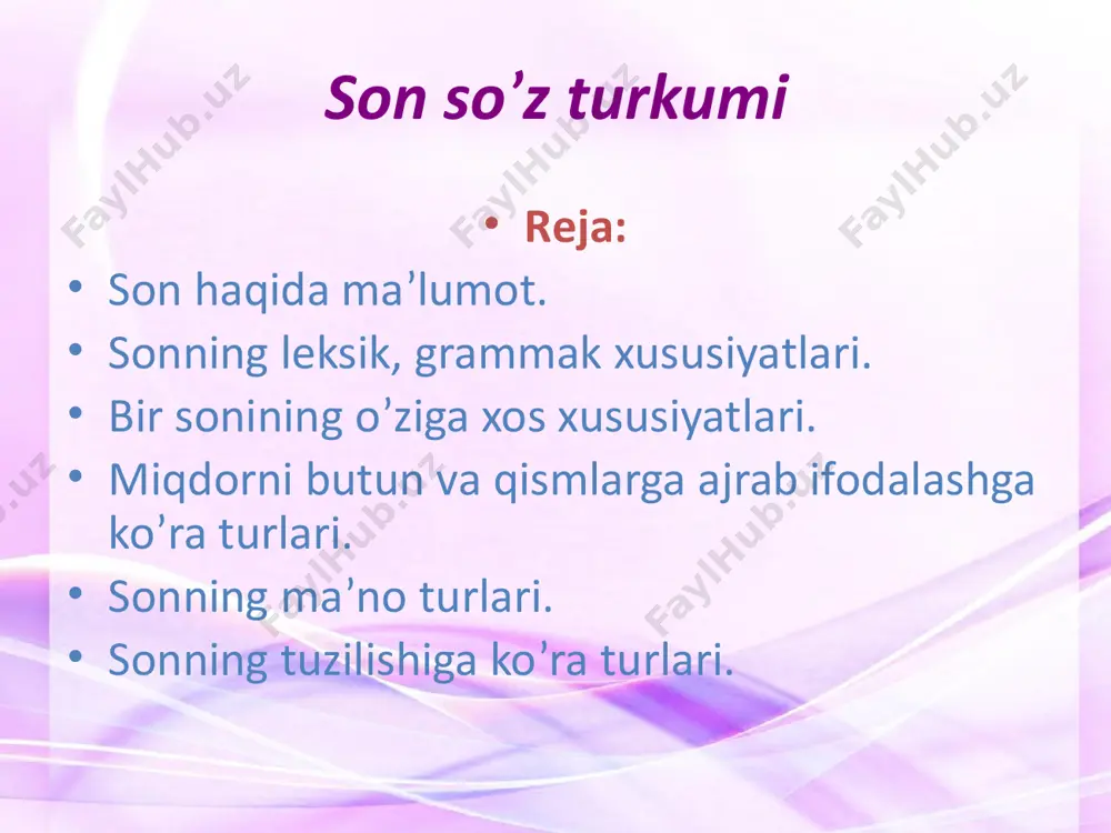 otlashadi). turlanadi (2 xil tushunchani –miqdor, predmetni, tasavvurni aks ettiradi). (maqol, afforizm, hikmatli so’zlarda uchraydi). bilagi zo’r birni yiqar, bilimi zo’r mingni yiqar. (ikkoviga birov botolmas, otliqqa yayov yetolmas) 10 bir yonda, 100 bir yonda, botir yurar maydonda. otlashgan son fikrni stimistik jixatdan ixcham, obrazli ifodalash uchun xizmat qiladi. hamma turlari ham turlanmaydi, chamali son (-tacha, -lab) –lar, va kasr songa qo’shilmaydi. i shaxs birlik egalik sanoq son otlashgan formaga qo’shilmaydi: oltim, beshim. 2. son yasalish sistemasiga ega emas. 3. sonning turli modal formlarini hosil qilgan forma yasovchi qo’shimchalar bor, -ta, -tacha, -tadan, -ov kabi. sonning bu modal formalari predmetning to’dasini. taxminiy miqdorini, taqsimini, joylashish tartibini ko’rsatadi: beshtadan daftar, iii kurs, uchchala talaba. 4. hisob so’zlari bilan qo’llanadi. 2 juft tufli, 1 so’m (pul), 1990 yil. sintaktik xususiyatlari: 1. sifatlovchi aniqlovchi: sizday yetti yigitim bo’lsa, 7 iqlimni zabt eta olardim.(o). 2. otlashganda (sanoq, tartib, jamlovchi) ega, kesim, qaratqichli-aniqlovchi, to’ldiruvchi: biri …