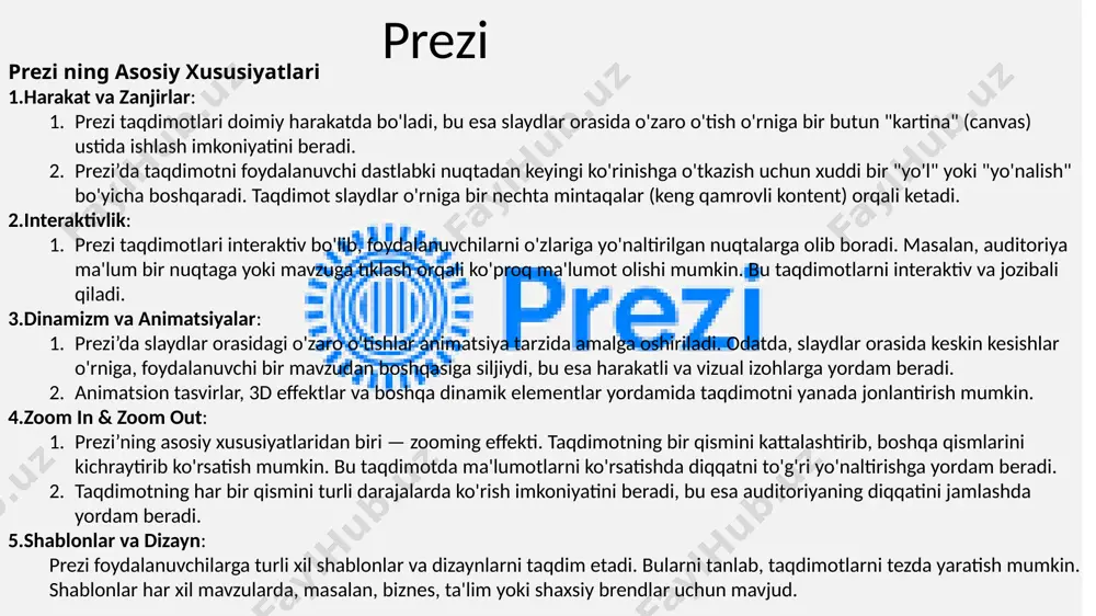aytirib ko'rsatish mumkin. bu taqdimotda ma'lumotlarni ko'rsatishda diqqatni to'g'ri yo'naltirishga yordam beradi. taqdimotning har bir qismini turli darajalarda ko'rish imkoniyatini beradi, bu esa auditoriyaning diqqatini jamlashda yordam beradi. shablonlar va dizayn: prezi foydalanuvchilarga turli xil shablonlar va dizaynlarni taqdim etadi. bularni tanlab, taqdimotlarni tezda yaratish mumkin. shablonlar har xil mavzularda, masalan, biznes, ta'lim yoki shaxsiy brendlar uchun mavjud. canva canva ning asosiy xususiyatlari: oson foydalanish interfeysi: canva juda foydalanuvchi-dostona va intuitiv interfeysga ega. dizayn yaratish jarayoni juda oson va sodda bo'lib, yangi boshlovchilar ham tezda o'z ishlanmalarini yaratishlari mumkin. shablonlar: canva taqdimotlar, infografikalar, ijtimoiy media postlari, bukletlar, logotiplar va boshqa turli xil dizaynlar uchun yuzlab tayyor shablonlarni taqdim etadi. bu shablonlar sizga tezda sifatli dizayn yaratishda yordam beradi. har bir shablon turli mavzularda, ranglarda, tuzilmalarda va uslublarda mavjud. drag-and-drop texnologiyasi: canva’da barcha elementlarni "drag-and-drop" usulida joylashtirish mumkin. bu, masalan, matn, rasmlar, ikonalar va boshqa grafikalarni bir nechada bosish orqali oson …