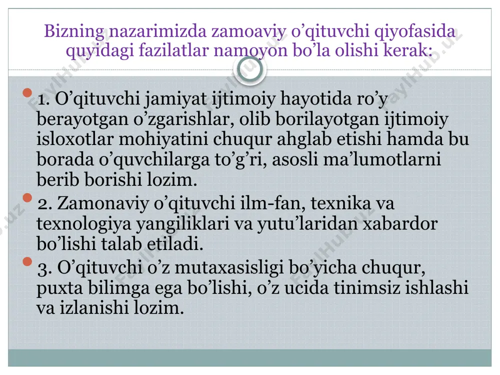 sak ma’suliyati; —faoliyat jarayonida millat va davlat manfaatlari ustuvorligi; —hamkorlikning ilmiy asoslanganligi; guruh rahbari tarbiyaviy ishlar uslubiyoti fanini o’qitishda jamoani tashkil qilish metodikasiga katta e’tibor beriladi, chunki shaxsni jamoada tarbiyalash bilangina jamiyatni yuksaltirish mumkin. bu vazifalarni esa biz odatda guruh rahbarlarining zimmasiga yuklaymiz. guruh rahbarlari o’z navbatida guruhdagi talabalarining bevosita ta’lim – tarbiya jarayoni, ya’ni darslar davomida hamda darsdan keyiningi faoliyatini nazorat qilishga ma’suldirlar. guruh rahbari o’quvchilarni har tomonlama o’rganish guruh rahbarining birinchi galdagi vazifasidir. u bolalarning shaxsiy xususiyatlarini aniqlab chiqqach, shu sinfda ishlovchi o’qituvchilar oldiga sinfdagi o’quvchilarning umumiy harakati bilan hal qilishi zarur bo’lgan aniq tarbiyaviy vazifalarni qo’yadi. masalan, yetakchi tarbiyaviy vazifa sifatida o’quvchilarda bilimlarga, o’qishga qiziqishni shakllantirish ko’rsatishi mumkin. keyin, guruh rahbari navbatdagi tarbiyaviy maqsadni olga suradi va yana ko`pchilik bo’lib uni amalga oshirishga kirishadi. guruh rahbari sinf rahbari sinf o’qituvchilari harakatining taxminiy rejasini tuzib olishi maqsadga muvoifqdir. unda darsda ruhiy ko’tarinkilik muhitini yaratish, o’quvchilarni o’z faniga qiziqtirish …