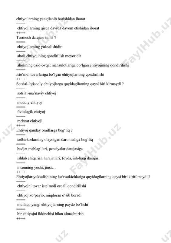 ddiy-maishiy xizmat sohalari ==== qishloq xo‘jaligi ++++ nomoddiy ishlab chiqarishga quyidagilarning qay biri kiritilmaydi ? ==== sanoat, transport ==== moddiy-maishiy xizmat sohalari ==== tibbiy xizmat sohalari ==== maorif sohalari ++++ yalpi milliy mahsulot nima ? ==== tovar va xizmatlarning davlat tomonidan belgilangan narxlarda ifodalanishi ==== yillar davomida yaratilgan tovarlarning bozor bahosi orqali ifodalanishi ==== bir necha yillar davomida yaratilgan xizmatlarning bozor bahosi orqali ifodalanishi ==== bir yil davomida jamiyatda yaratilgan tovarlar va xizmatlarning bozor bahosi orqali ifodalanishi ++++ mehnat unumdorligining omillariga quyidagilarning qaysi biri kiritilmaydi? ==== inflyatsiyaning ko‘tarilishi ==== ishlab chiqarishning texnika-texnologtya darajasi ==== ishlovchilarning bilimi, malakasi ==== ishlab chiqarishning tabiiy sharoitlari ++++ iqtisodiy o‘sish tushunchasini aniqlang ? ==== hizmat ko‘rsatishning o‘sish ==== iste’mol buyumlarini ishlab chiqarishning o‘sishi ==== ishlab chiqarishning vositalarini rivojlanishi ==== kishilarning ehtiyojini qondirish maqsadida moddiy ne’matlarni ishlab chiqarishning o‘sishi ++++ mikroiqtisodiy o‘sish ko‘rsatkichlariga quyidagilarning qaysi biri kiritilmaydi ? ==== jamiyat miqyosidagi o‘sish ==== korxona iqtisodiyotini o‘sishi …